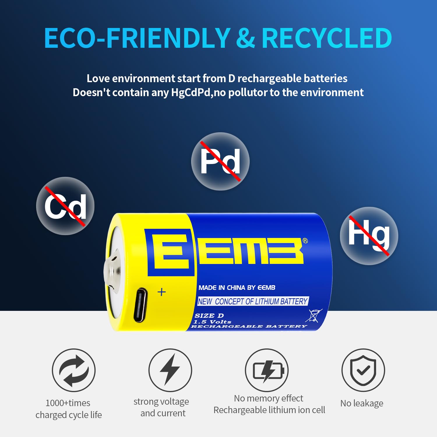 Eemb 4-Pack 1.5V Rechargeable D Batteries With Usb-C Charging Cable | Long-Lasting Lithium D Cell Batteries For Flashlights, Toy