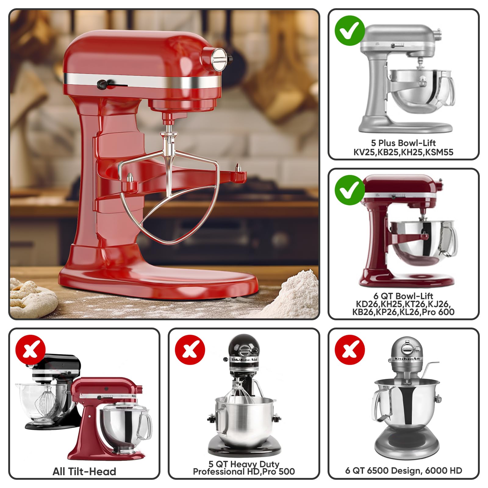 Stainless Steel Flat Beater For Kitchenaid 5Plus/6 Qt. Bowl Lift Stand Mixers, Paddle Attachment For Kitchenaid Mixer, Dishwashe