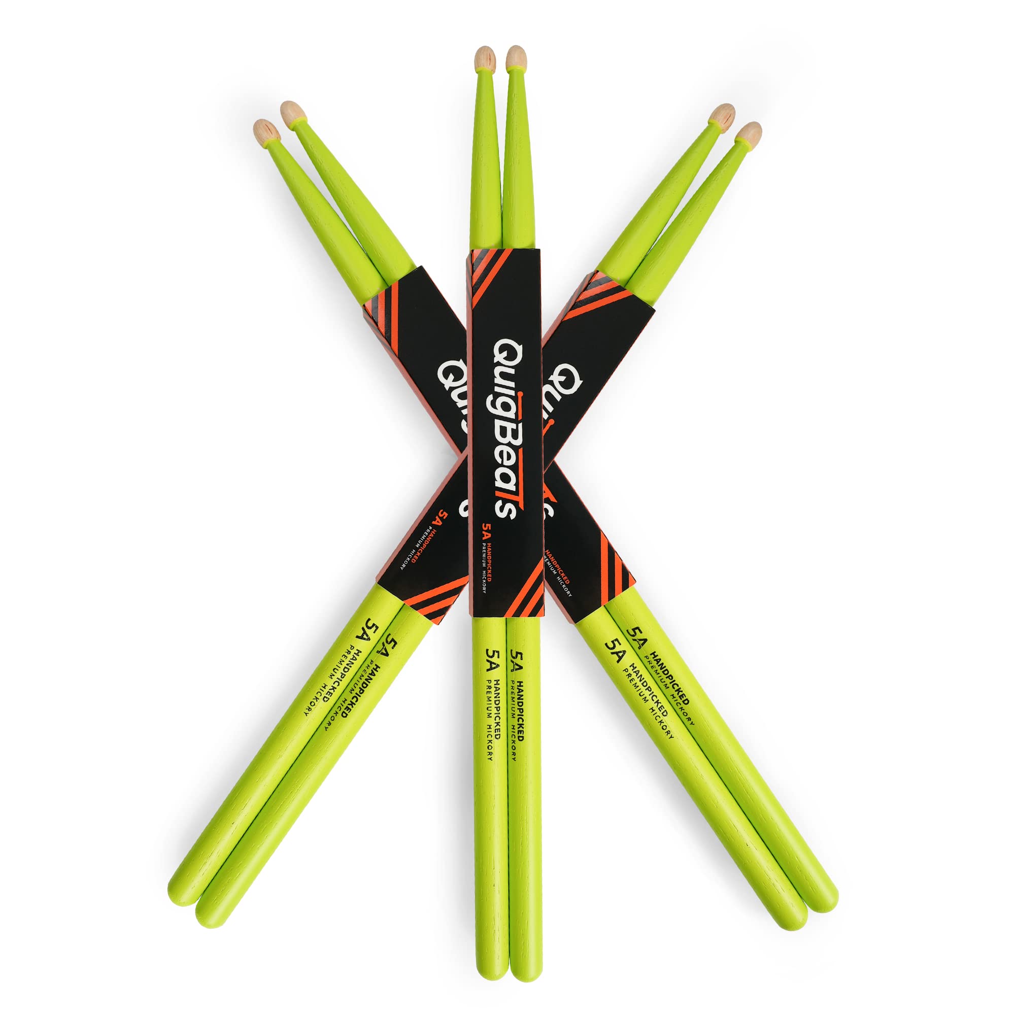 Quigbeats Drum Sticks, Hickory 5A Drumsticks, Drumsticks For Adults & Kids 5A 3 Pairs   Green
