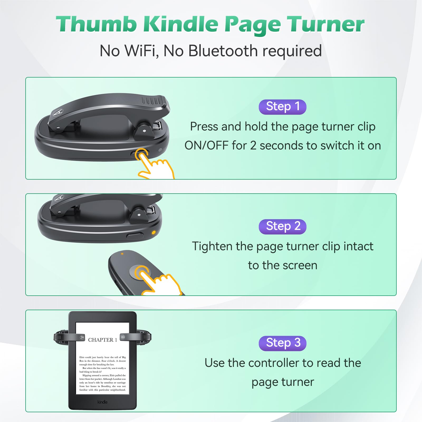 Remote Control Page Turner, Wireless Page Turner, Usb-C Rechargeable, No Bluetooth, No Wifi Required, Fingerprint-Resistant Clip