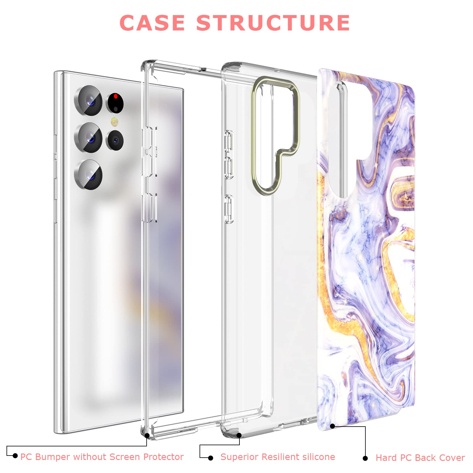 Dakorie For Samsung Galaxy S23 Ultra Case Marble Slim Shockproof Protective Case Shiny Hard Pc Soft Silicone Cover For S23 Ultra