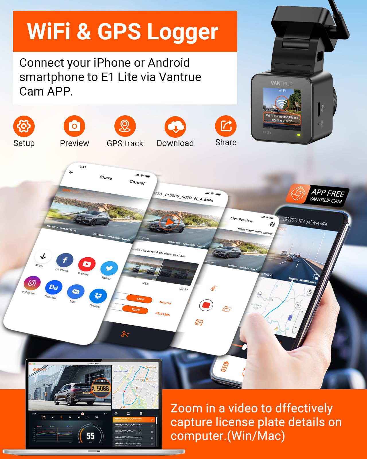 Vantrue E1 Lite 1080P Wifi Mini Dash Cam With Gps And Speed, Free App, Voice Control Detachable Dash Camera, 24 Hours Parking Mo