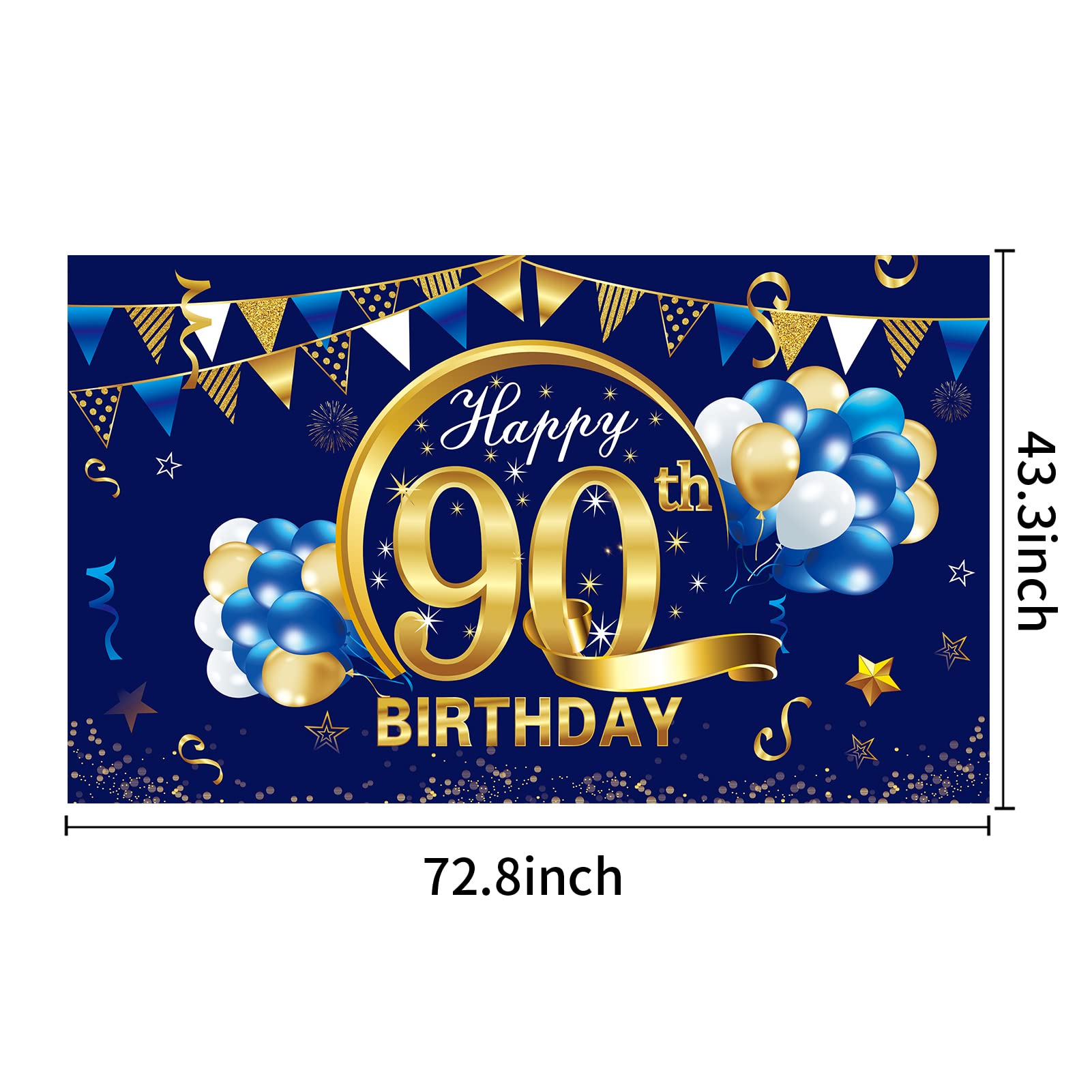 Kauayurk Happy 90Th Birthday Banner Decorations For Men   Blue Gold 90 Backdrop Party Supplies Year Old Photo Background Sign De