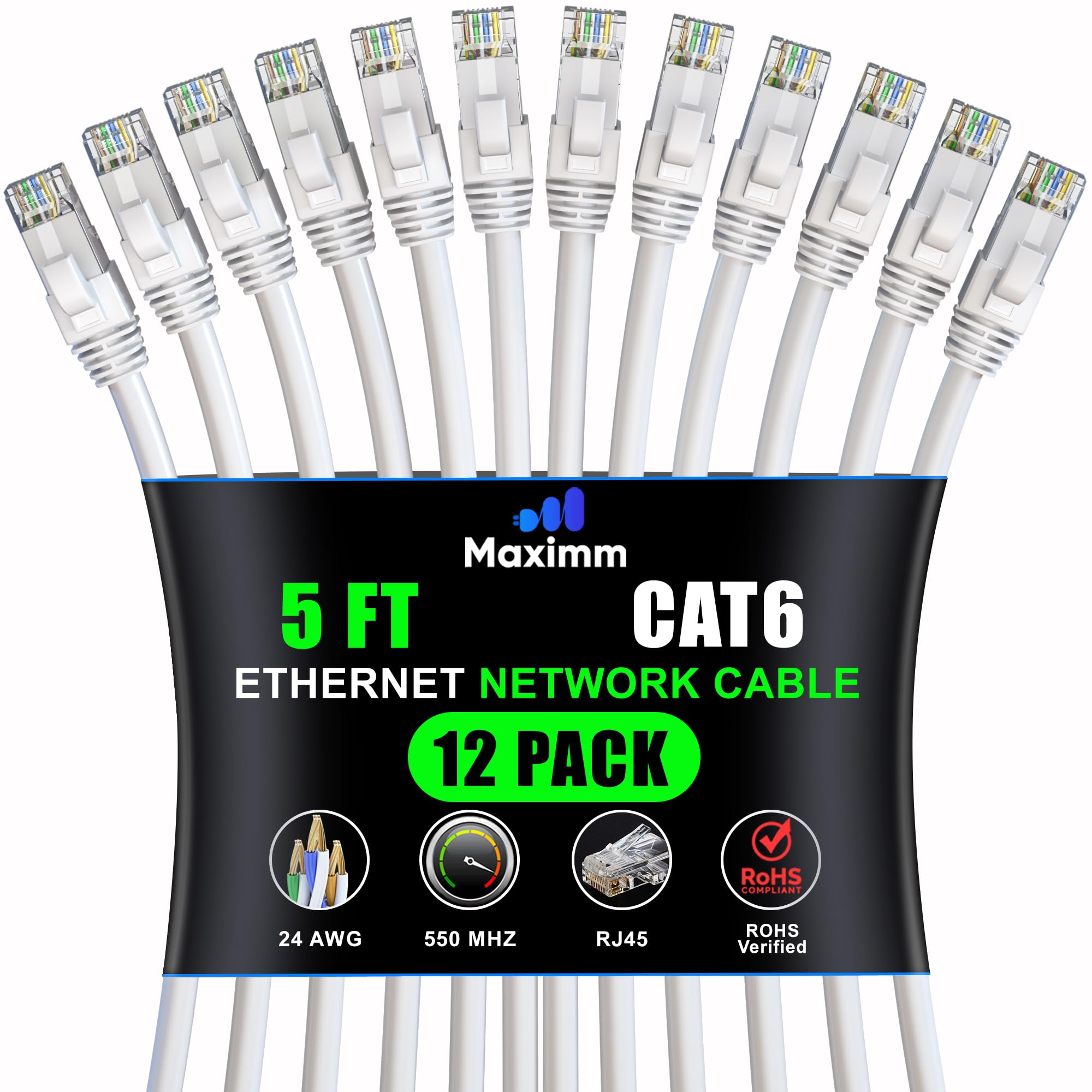 Maximm Cat 6 Ethernet Cable 5 Ft (12 Pack)   High Speed Lan Cable, Internet Cable, Patch Cable, And Network Cable   Utp, 10Gbps, 550Mhz Ethernet Cord   White