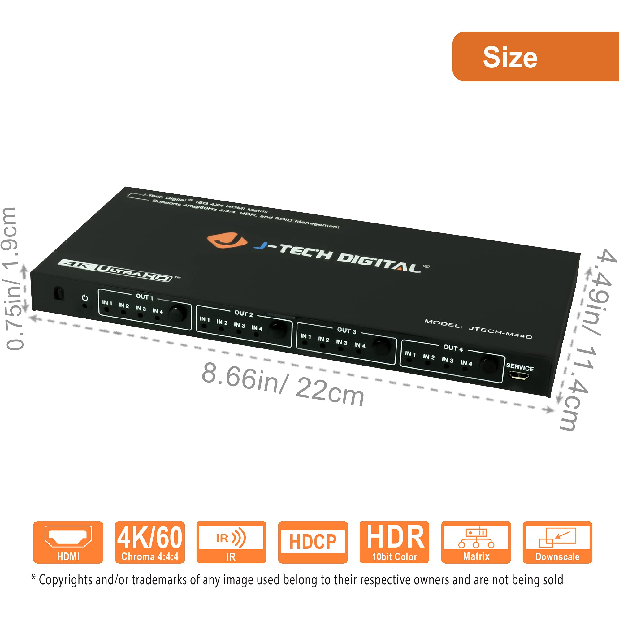 J Tech Digital 4K 60Hz 4X4 Hdmi Matrix Switch With Downscaler Edid Hdcp 2.2 Hdmi 2.0 [Jtech M44D]