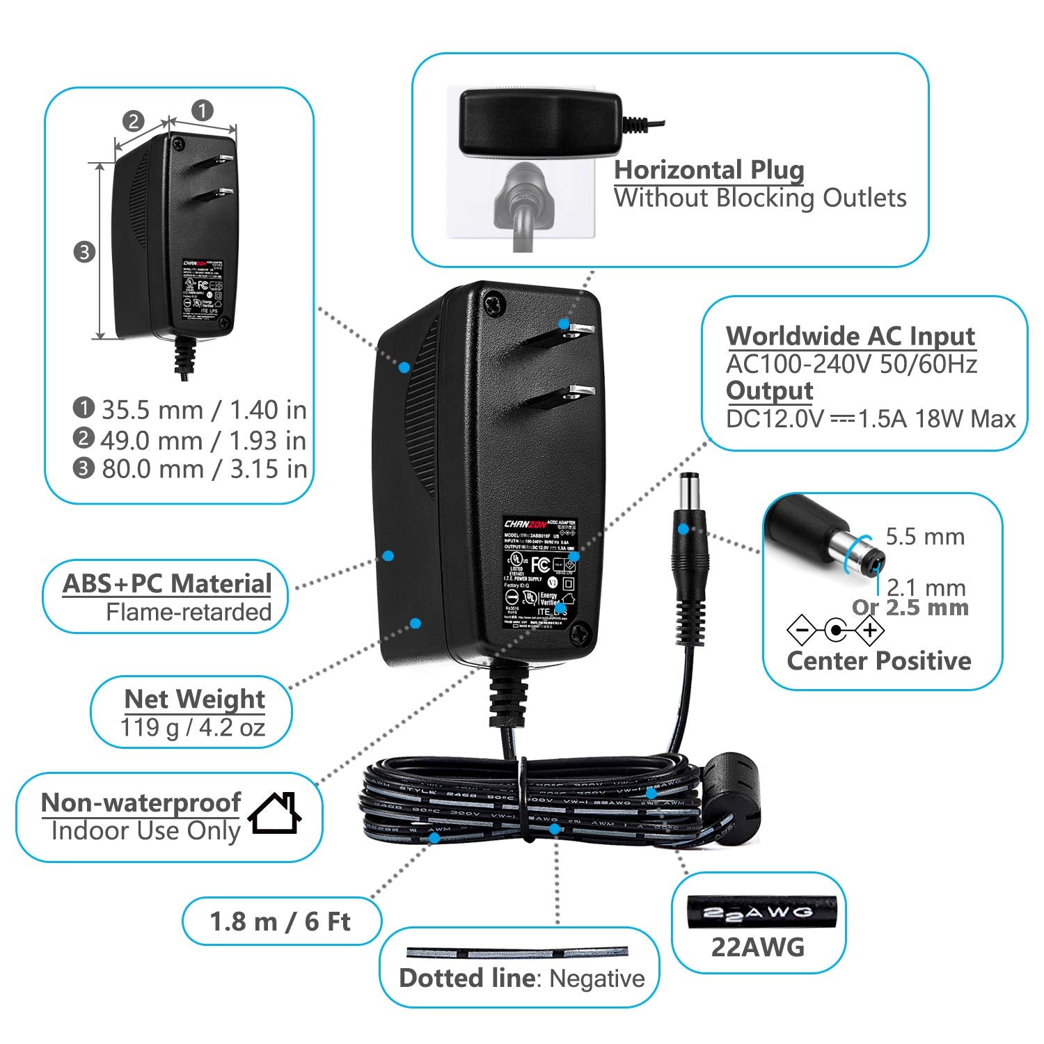 Chanzon 12V 1.5A 18W Power Supply Ac Dc Switching Adapter, 12 Volt 1.5 Amp Ac/Dc Wall Wart Converter Transformer, 100 240V 50 60Hz Input With 12Vdc 1500Ma Output
