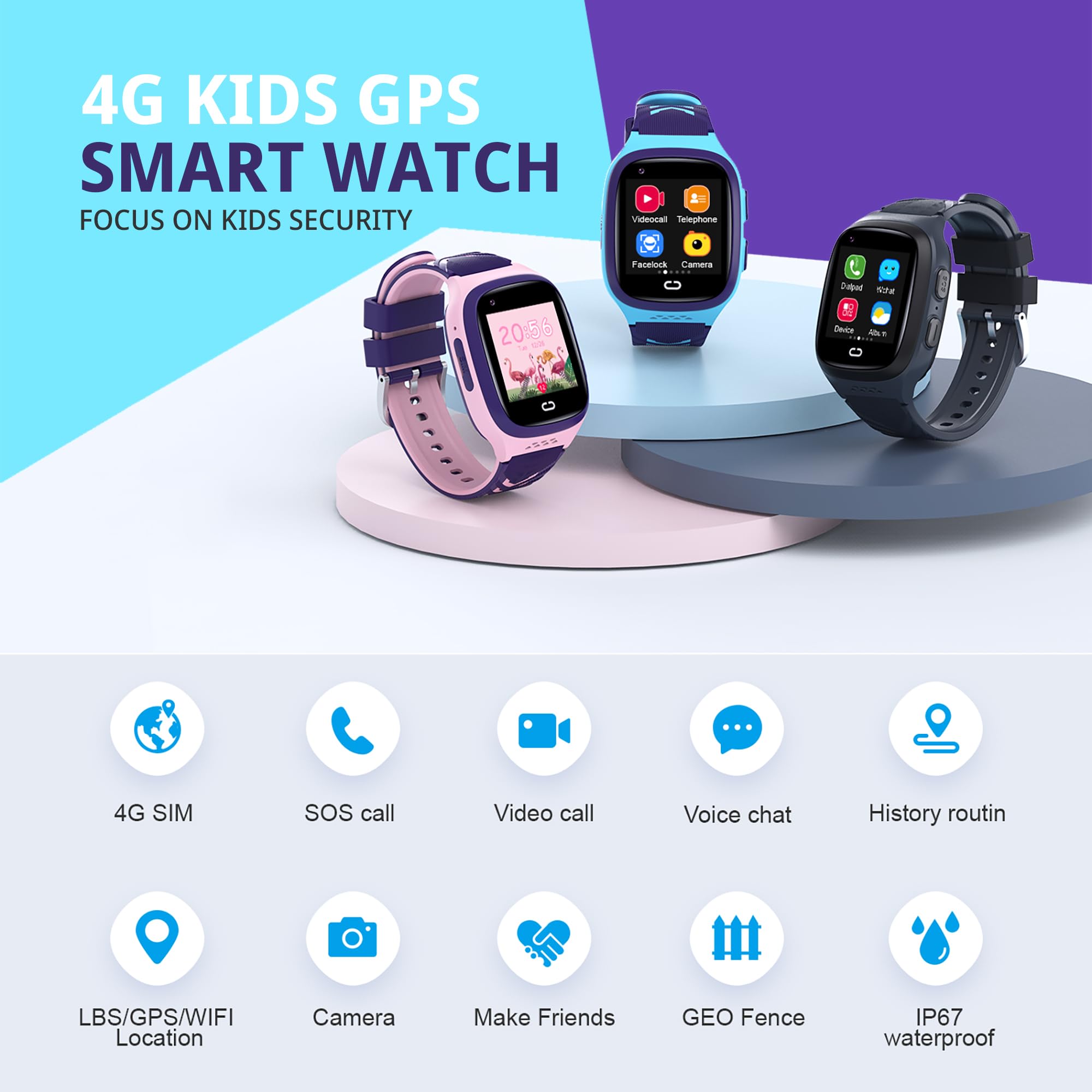 Tixpc 4G Kids Smart Watch For Boys With Gps Tracker Location Cell Phone Sos Calling Waterproof Voice Chat Alarm Clock For Ages 5