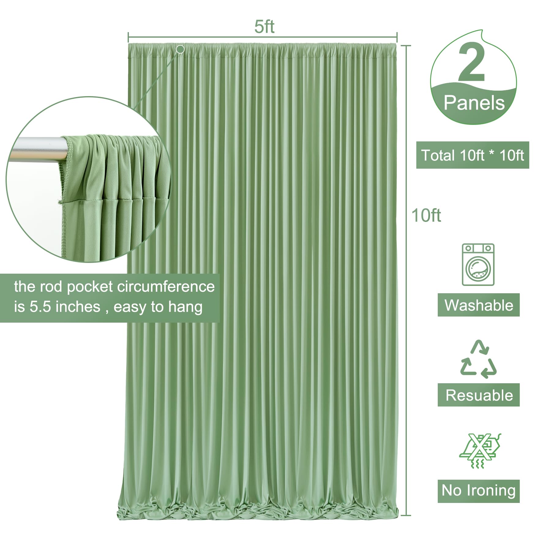 10X10 Sage Green Backdrop Curtain For Parties Wrinkle Free Dark Green Photo Curtains Backdrop Drapes Fabric Decoration For Baby