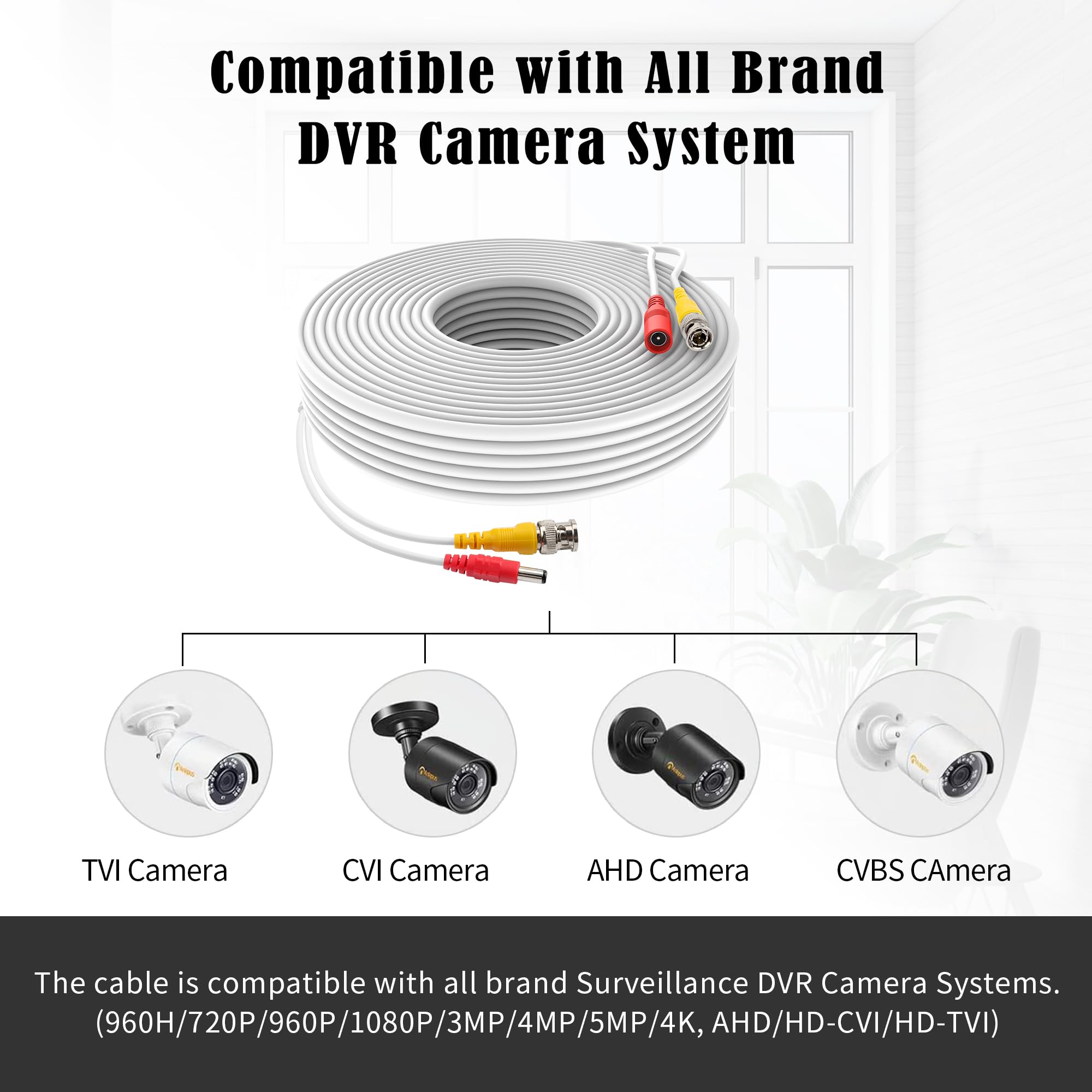 Omilik 1 Pack 65Ft White Bnc Video Power Cable Security Camera Cable Wire Cord For Cctv Dvr Surveillance System With Connectors