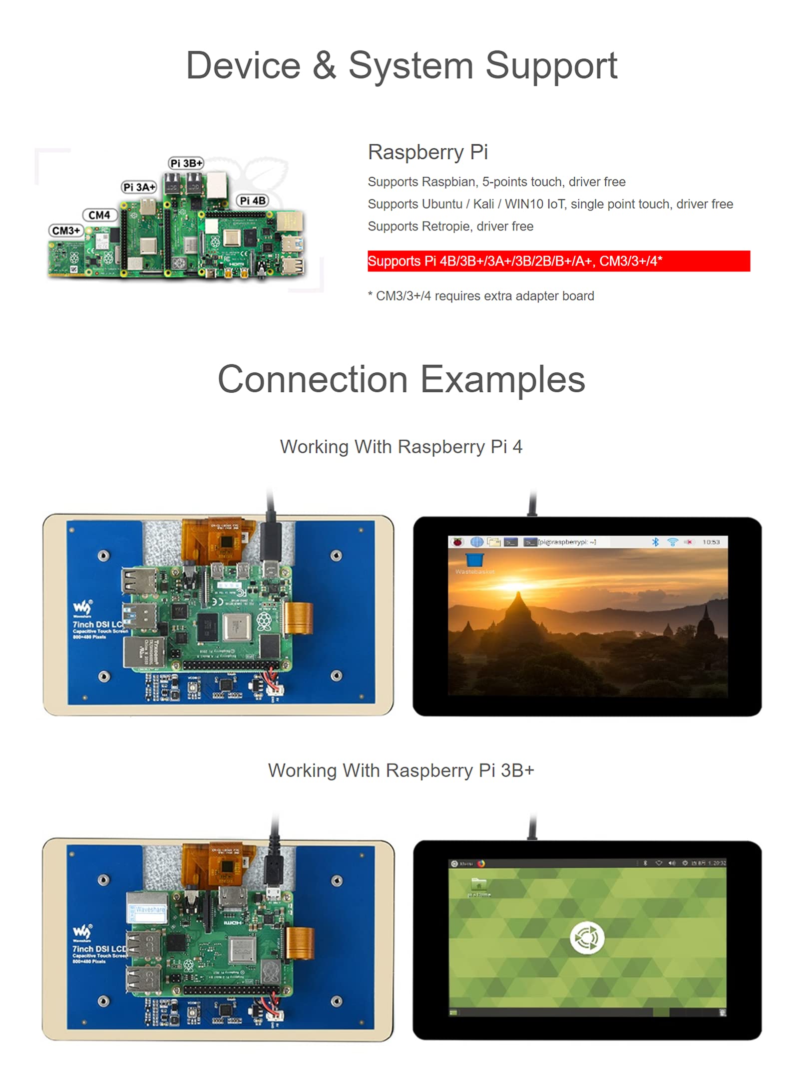 Waveshare 7 Inch Dsi Lcd Touch Screen 800  480 Monitor For Raspberry Pi 4B/3B+/3A+/3B/2B/B+/A+, Capacitive Tft Display Module Te