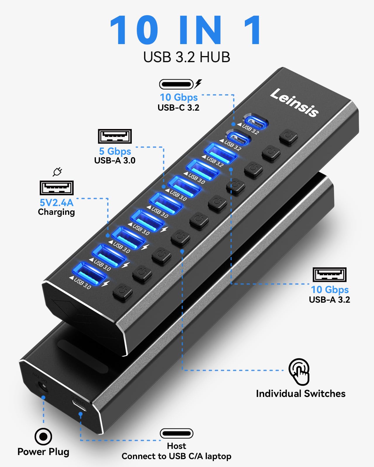 Powered Usb Hub 3.2, Leinsis 10 Port Usb 3.2/Usb C Hub (10Gbps Usb A 3.2 +2 Usb C 3.2 +7 Usb 3.0 Ports) With Individual On/Off S