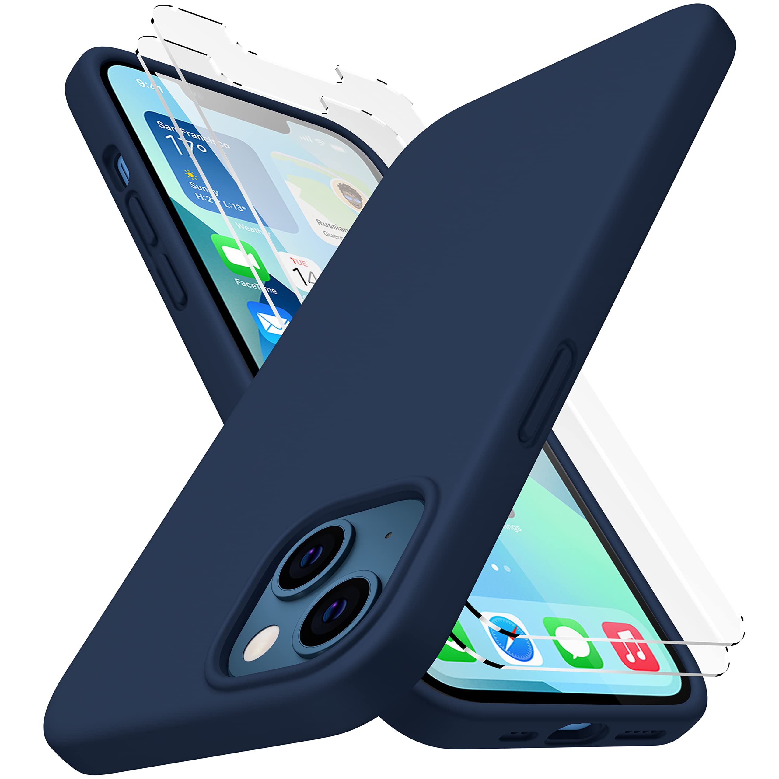 CellEver Heavy-Duty Silicone Case for iPhone 13 - Two Shatterproof Glass Screen Protectors, Military Drop Protection, Scratch-Fr