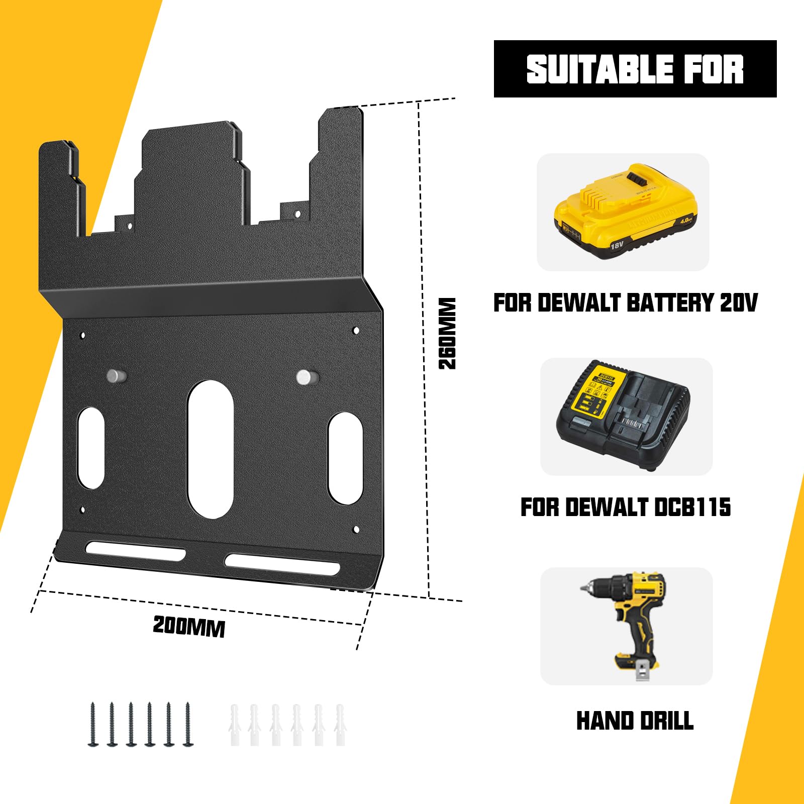 Riuog Wall Mount Bracket For Dewalt 20V Battery And Dcb115 Charger, Metal Black Rugged 2 Battery Holder And Charger Holder For T