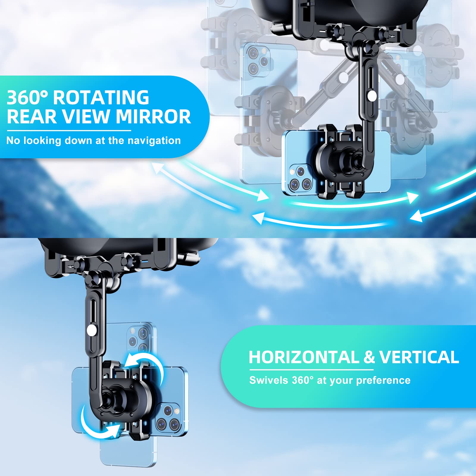 Phone Mount For Car, 360 Rotatable And Retractable Car Phone Holder Mount Free Adjustment Rear View Mirror Phone Holder For Car