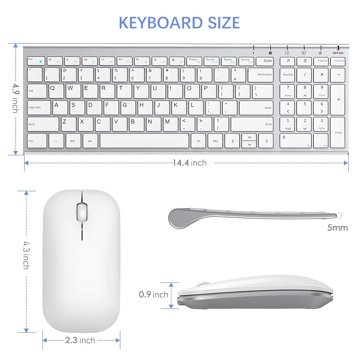 Seenda Rechargeable Wireless Keyboard Mouse, Ultra Thin Low Profile Wireless Keyboard And Mouse With Number Pad, Quiet Portable Combo Compatible For Windows Xp/7/8/10/11/11 Pro, Silver White