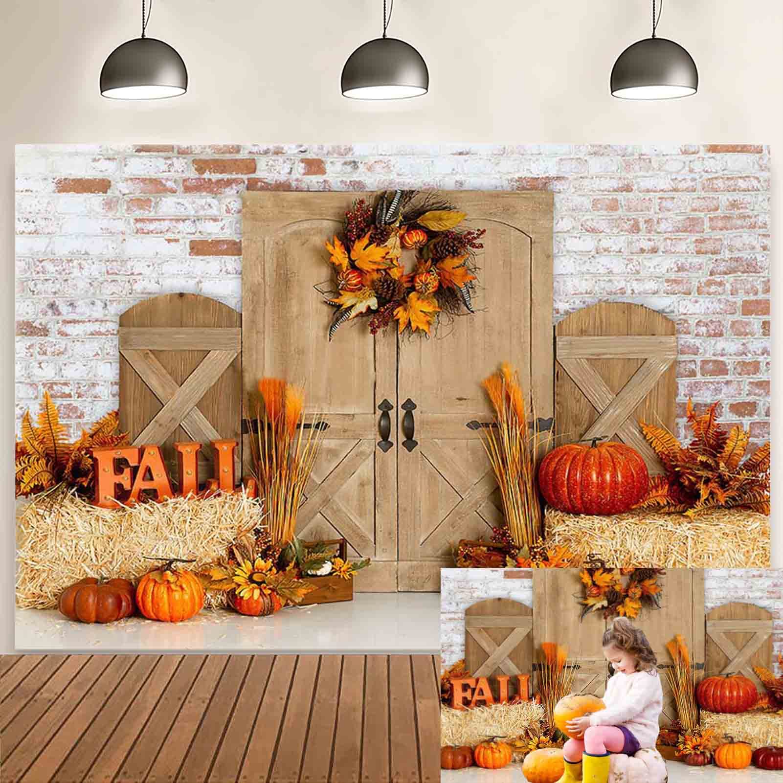 Aibiin Fall Barn Pumpkin Photography Background Rustic Brick Wall Wood Door Backdrop Haystack Decoration Wreath Banner For Kids