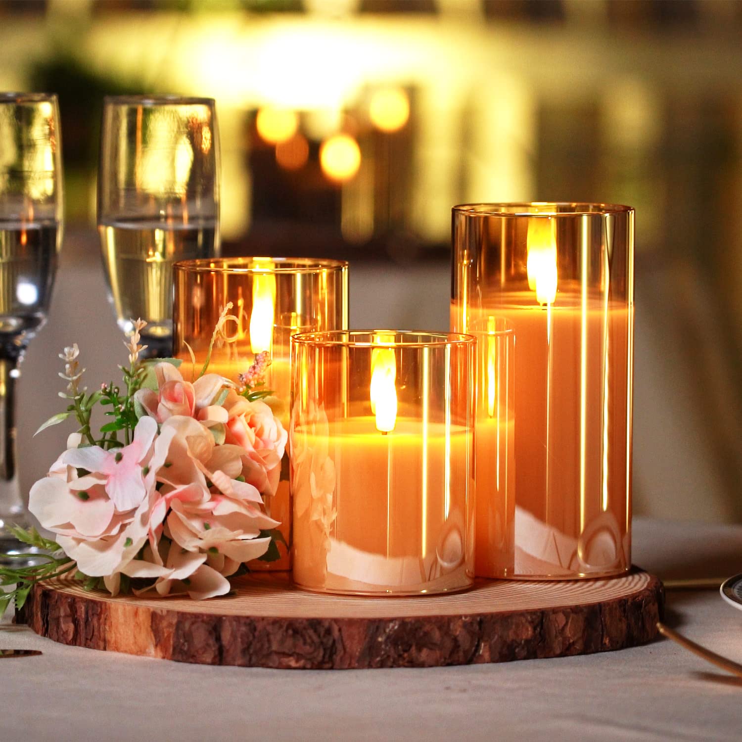 Homemory Amber Glass Flameless Candles, Battery Operated Led Pillar Candles With Remote Control And Timer, Radiance Candles, Rea