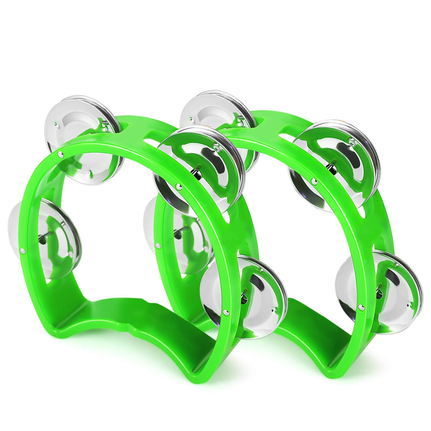 Flexzion Tambourine Hand Bell Percussion Musical Instruments (Green, 2 Pack), Plastic Music Instrument Half Moon Mini D Handheld Shaker, Jingle Bells