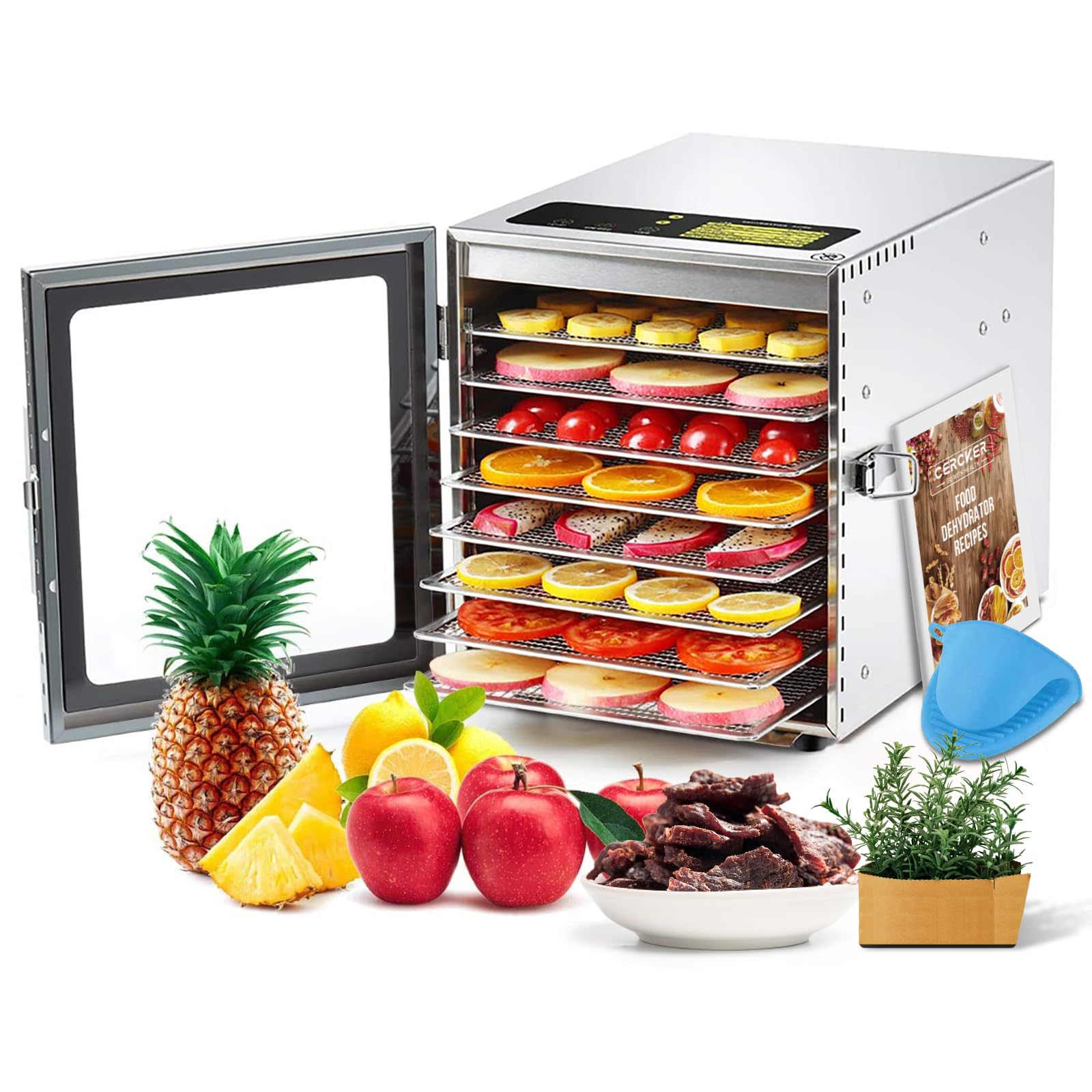 Cercker Food-Dehydrator Machine 8 Stainless Steel Trays, 500W Jerky Dehydrator for Meat, 190F Mushroom Dryer, 24H Timer Fruits D