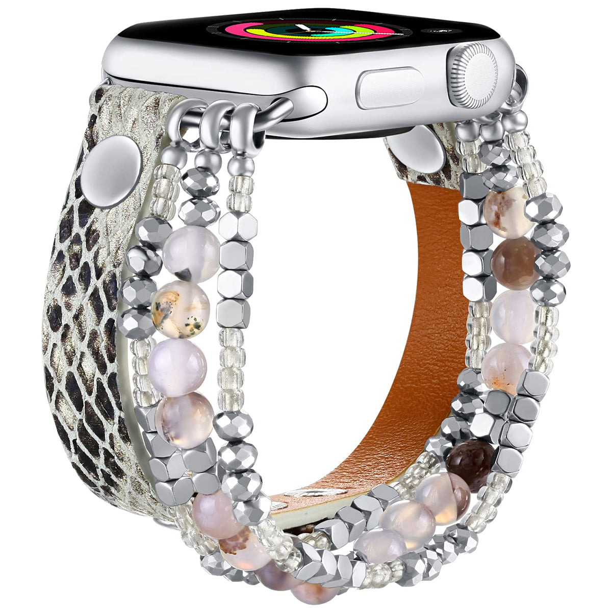 Fastgo Bracelet Band Leather Compatible With Apple Watch 38Mm 40Mm 41Mm Series 7, Snakeskin Elastic Beaded Animal Print Strap Fo