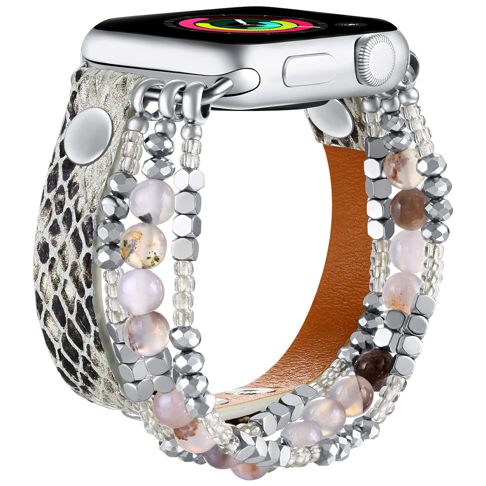 Fastgo Bracelet Band Leather Compatible With Apple Watch 42Mm 44Mm 45Mm 49Mm Series6 , Snakeskin Elastic Beaded Animal Print Str
