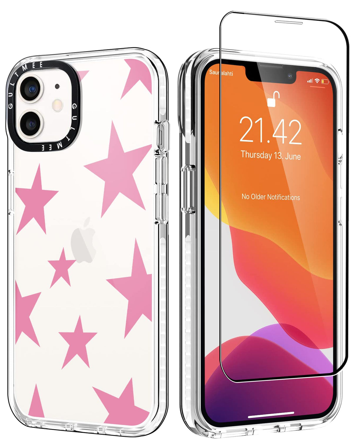 Gultmee For Iphone 12 Case & Iphone 12 Pro Case 6.1Inch With Tempered Glass Screen Protector,Cute Stars Pink Print Slim Design W