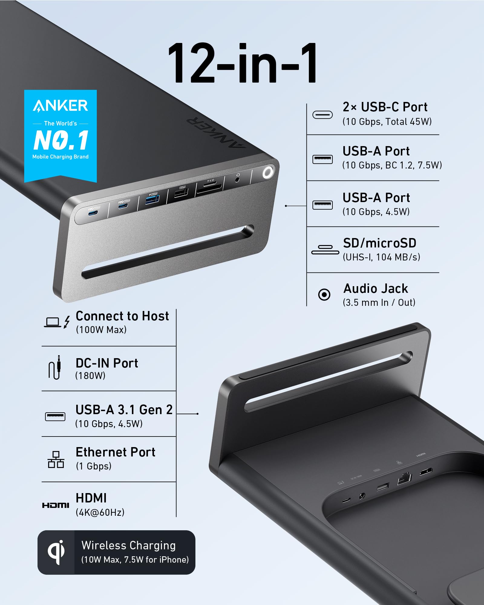 Anker 675 Usb C Docking Station (12 In 1, Monitor Stand) With 10Gbps Usb C Ports, 4K@60Hz Hdmi Display, Wireless Charging Pad, F