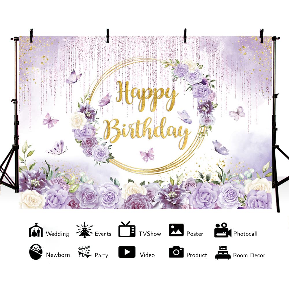 Mehofond 7X5Ft Spring Purple Floral Happy Birthday Backdrop Girl Violet Dripping Glitter Bday Photography Background Princess Bd