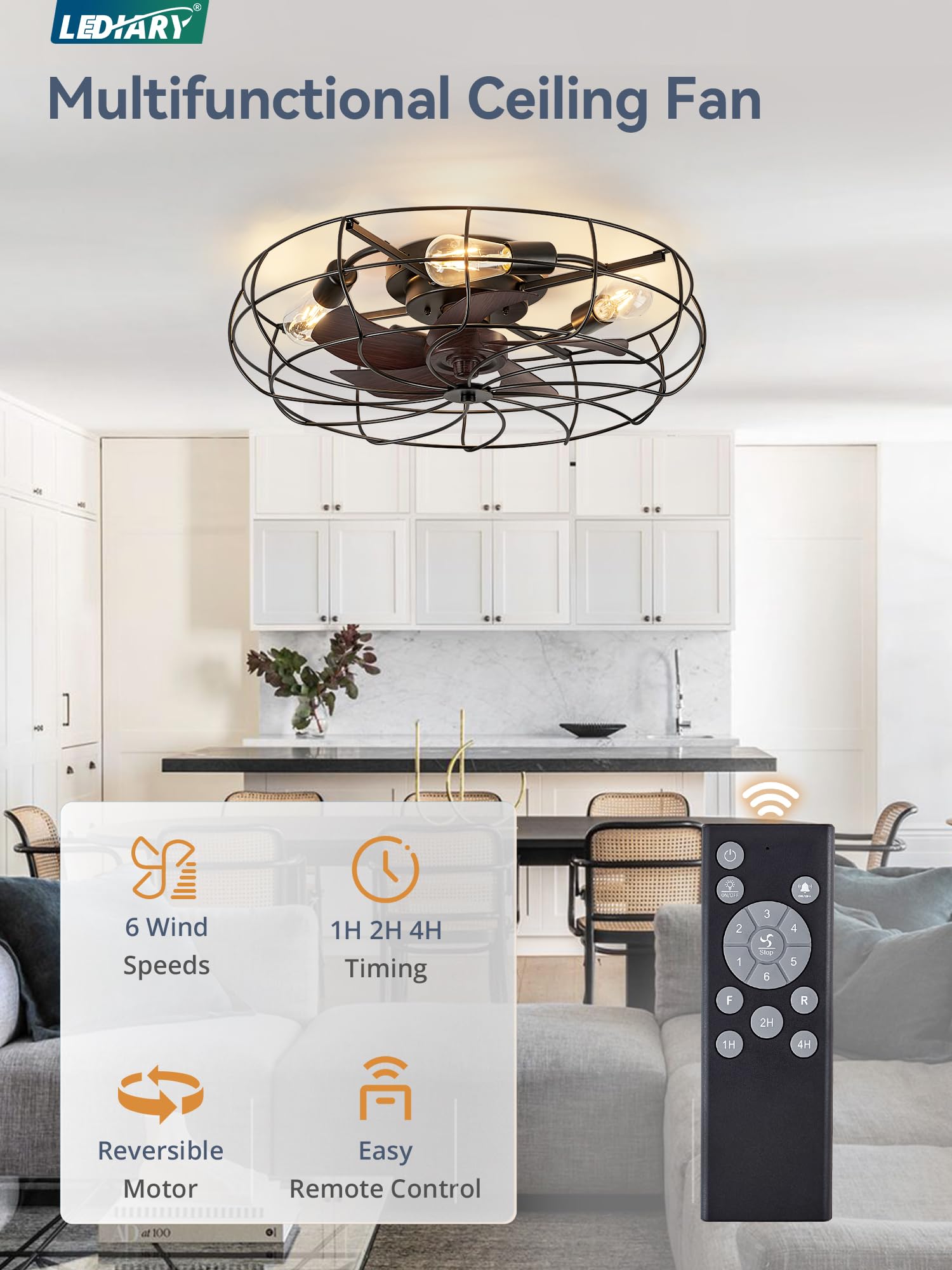 Lediary 23 Inch Caged Ceiling Fan With Light, Flush Mount Low Profile Ceiling Fan With Remote Control, Farmhouse Industrial Blad