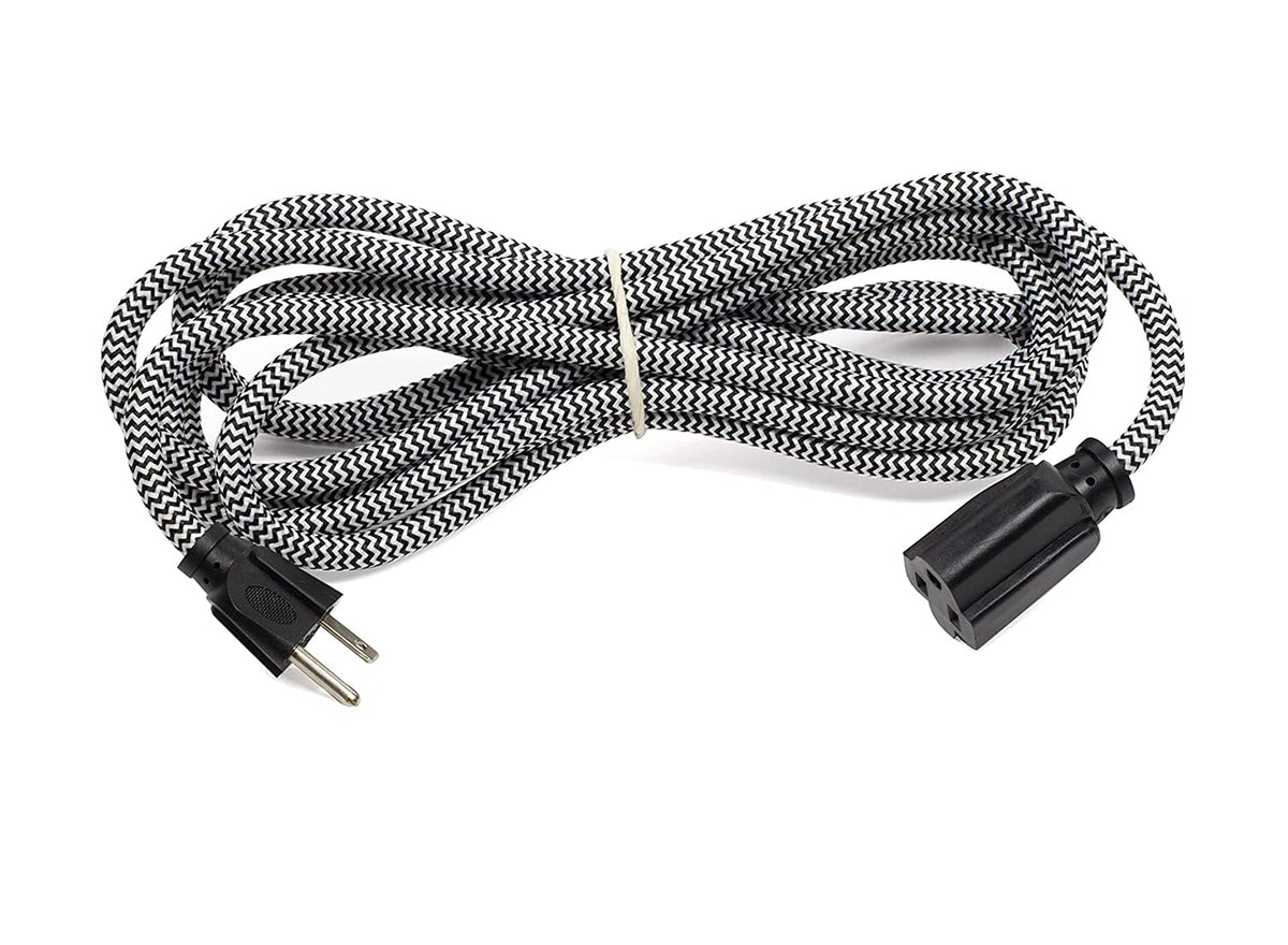 Rustic State 12 Feet Braided Zig Zag Fabric Power Extension Cord With Flexible Cable & 3 Prong Plug   Decorative Stylish Industr