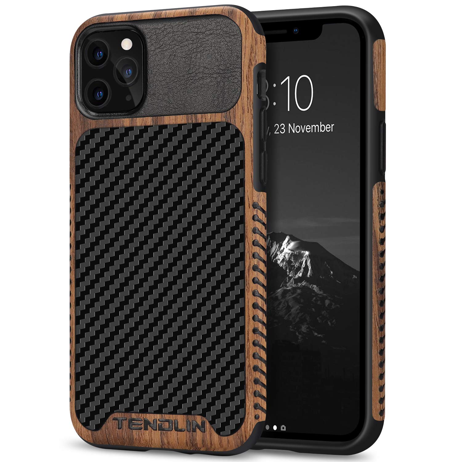 Tendlin Compatible With Iphone 11 Pro Max Case Wood Grain With Carbon Fiber Texture Design Leather Hybrid Case