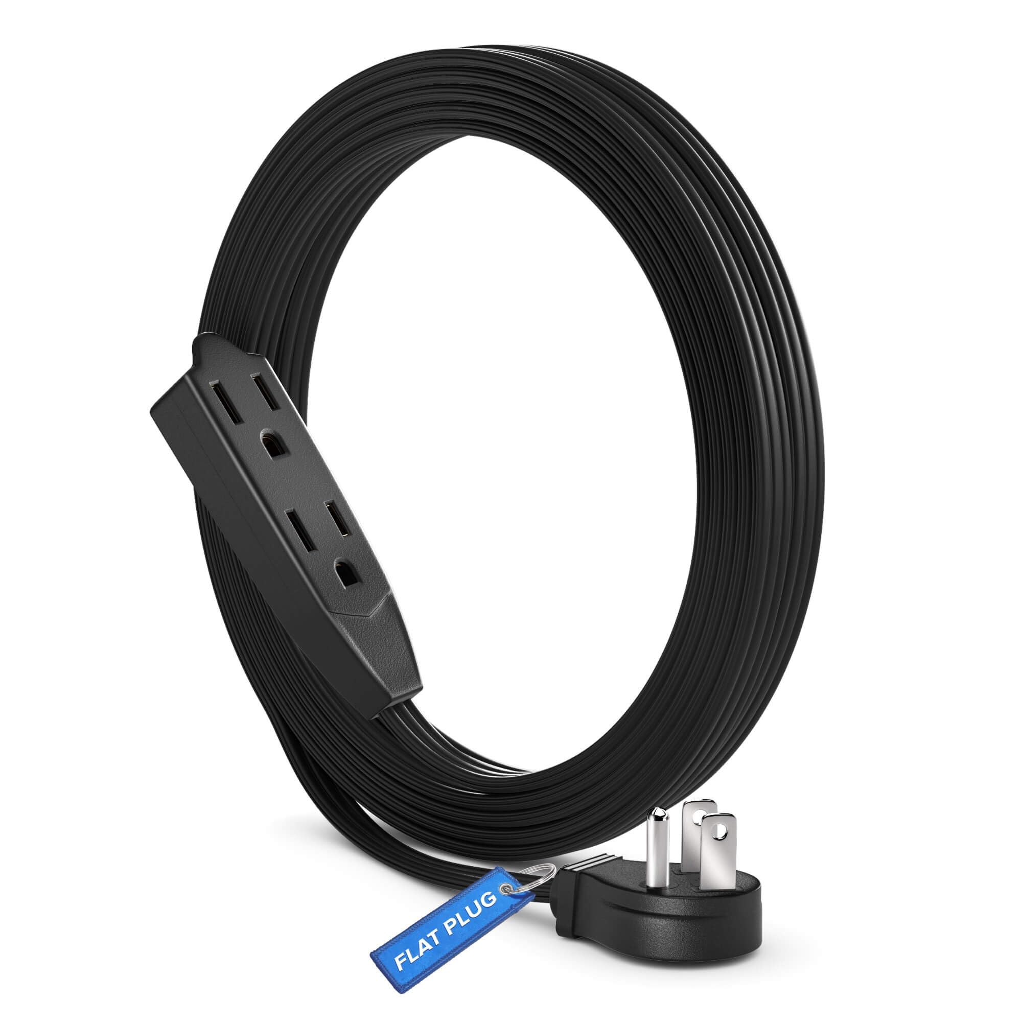 Maximm Cable 15 Feet Flat Plug Extension Cord/Wire, Multi Outlet   3 Prong Angled Plug Extension Cord   Black
