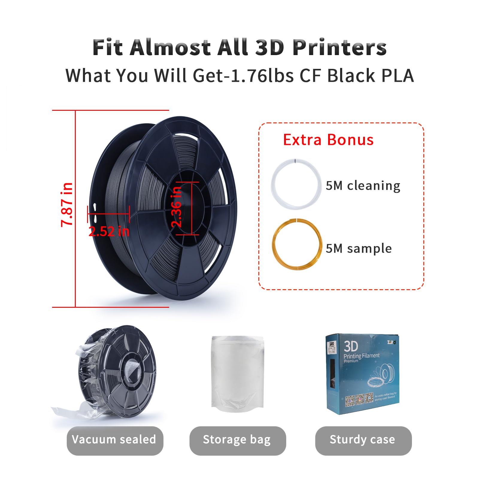Ziro Carbon Fiber Pla Filament 1.75Mm, Cf Pla 3D Printer Filament, Reinforced Material 0.8Kg Spool, 15% Carbon Fiber Contained,