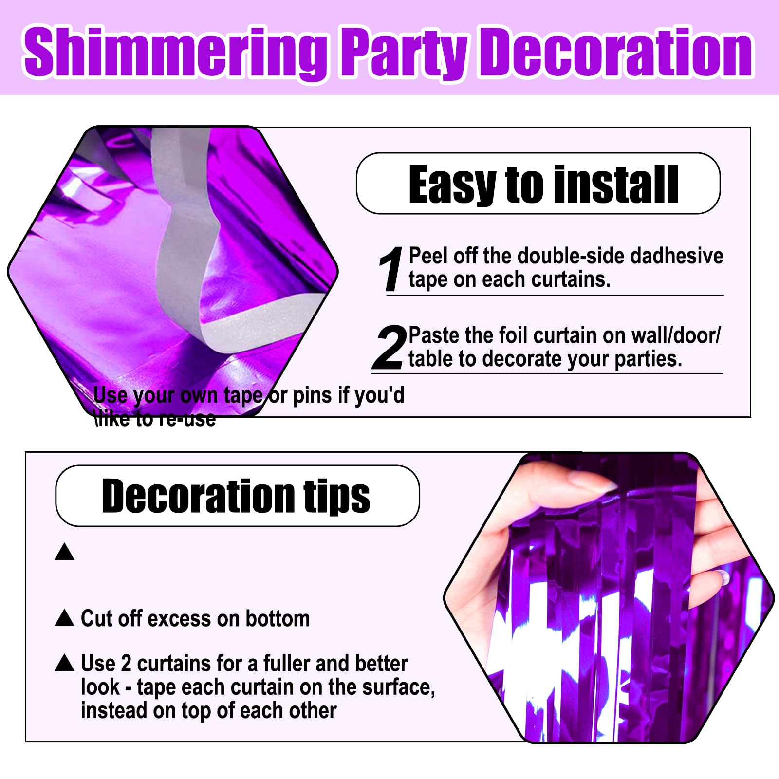 3 Pack Purple Foil Fringe Curtain Backdrop, 3.28Ft X 8.2Ft Metallic Tinsel Foil Fringe Streamer Curtains For Photo Booth, Valent