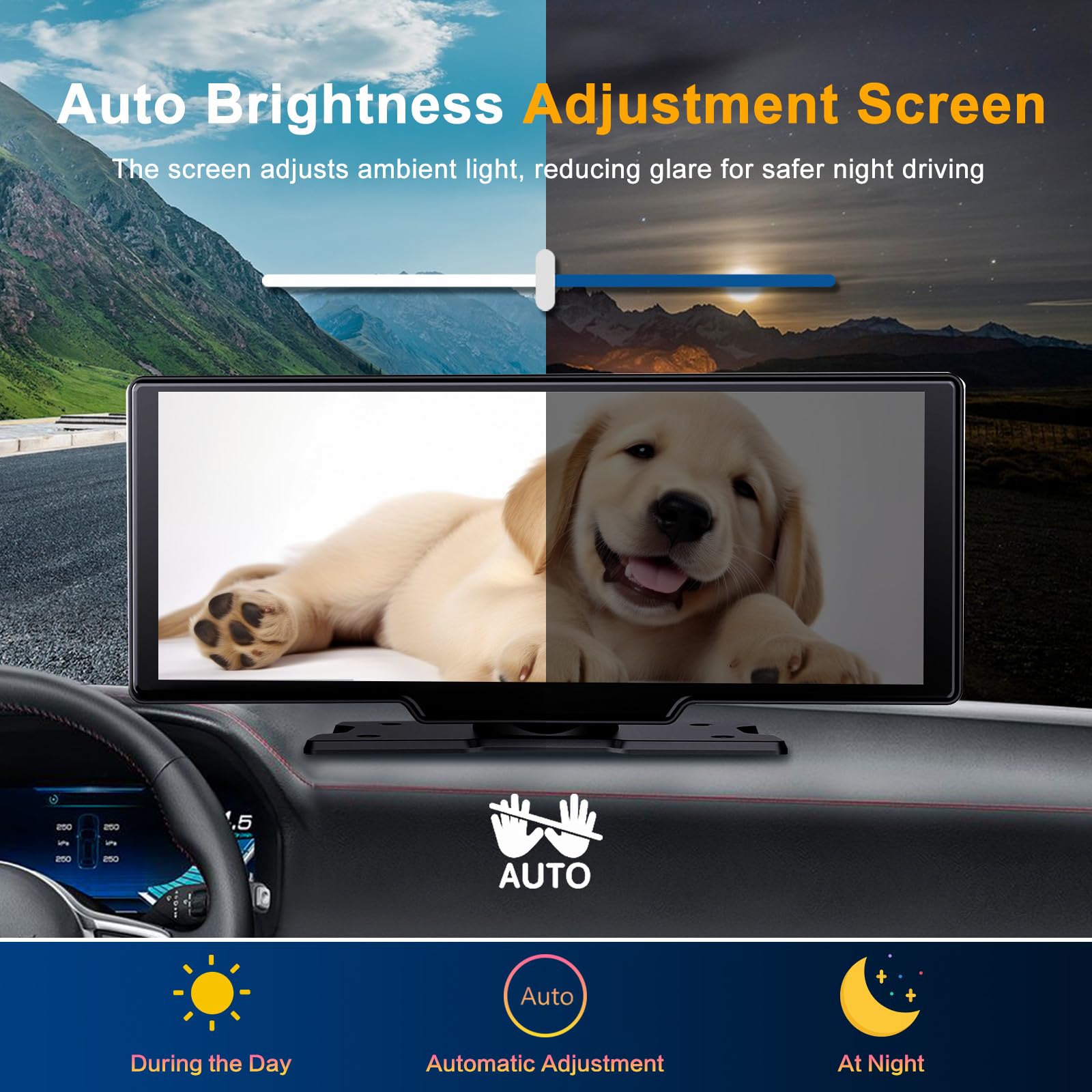 Luzeterna Portable 9.3 Inch Wireless Apple Carplay Screen For Car With Auto Brightness, 4K Dash Cam & Backup Camera, Bluetooth C