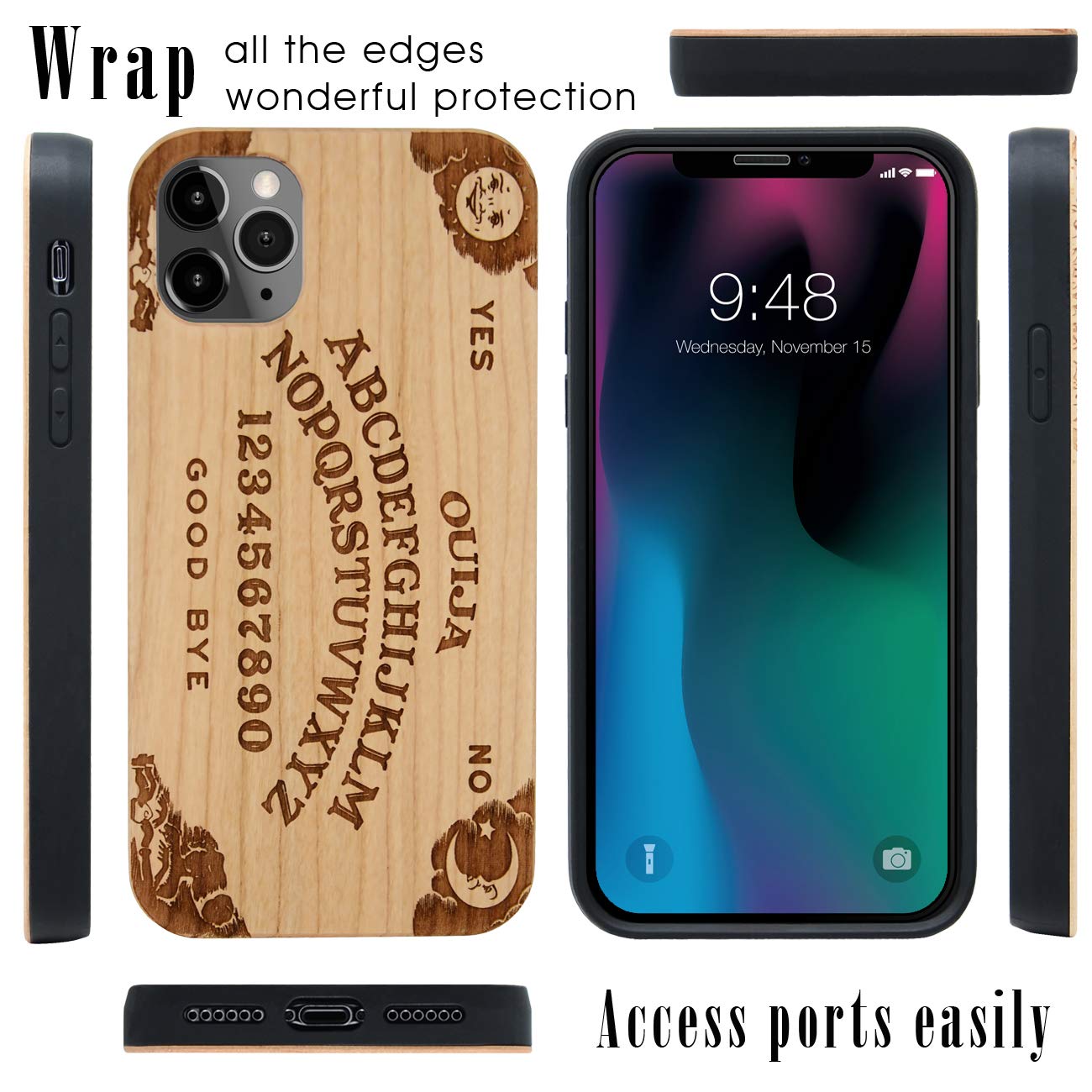 Iproductsus Compatible With Iphone 13 (6.1'') Ouija Board Phone Case And Screen Protector, Cool & Unique Real Cherry Wooden Engr