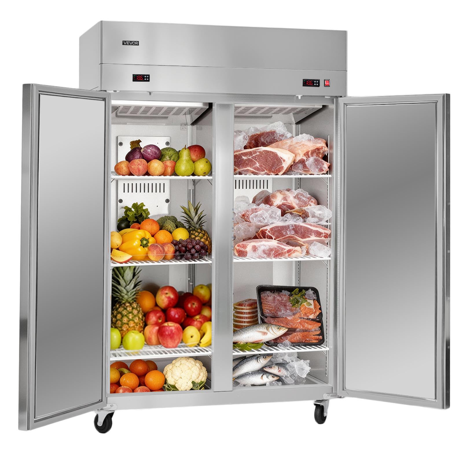 VEVOR Commercial Refrigerator and Freezer Combo 48 W, 32 Cu.Ft Stainless Steel Upright Refrigerator/Freezer with Double Doors, A