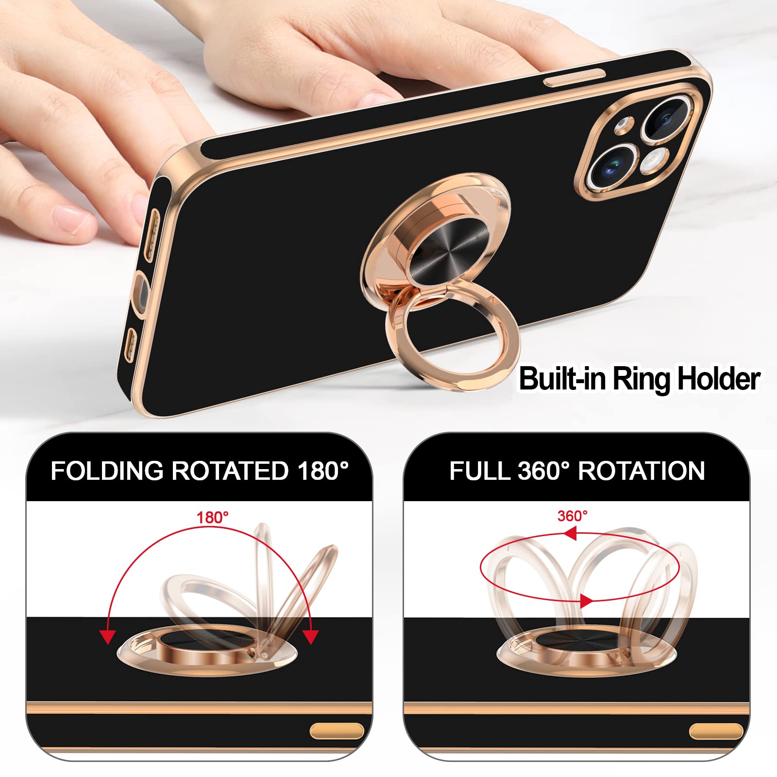 Hython For Iphone 14 Plus Case With Ring Stand [360 Rotatable Ring Holder Magnetic Kickstand] [Support Car Mount] Plated Gold Ed