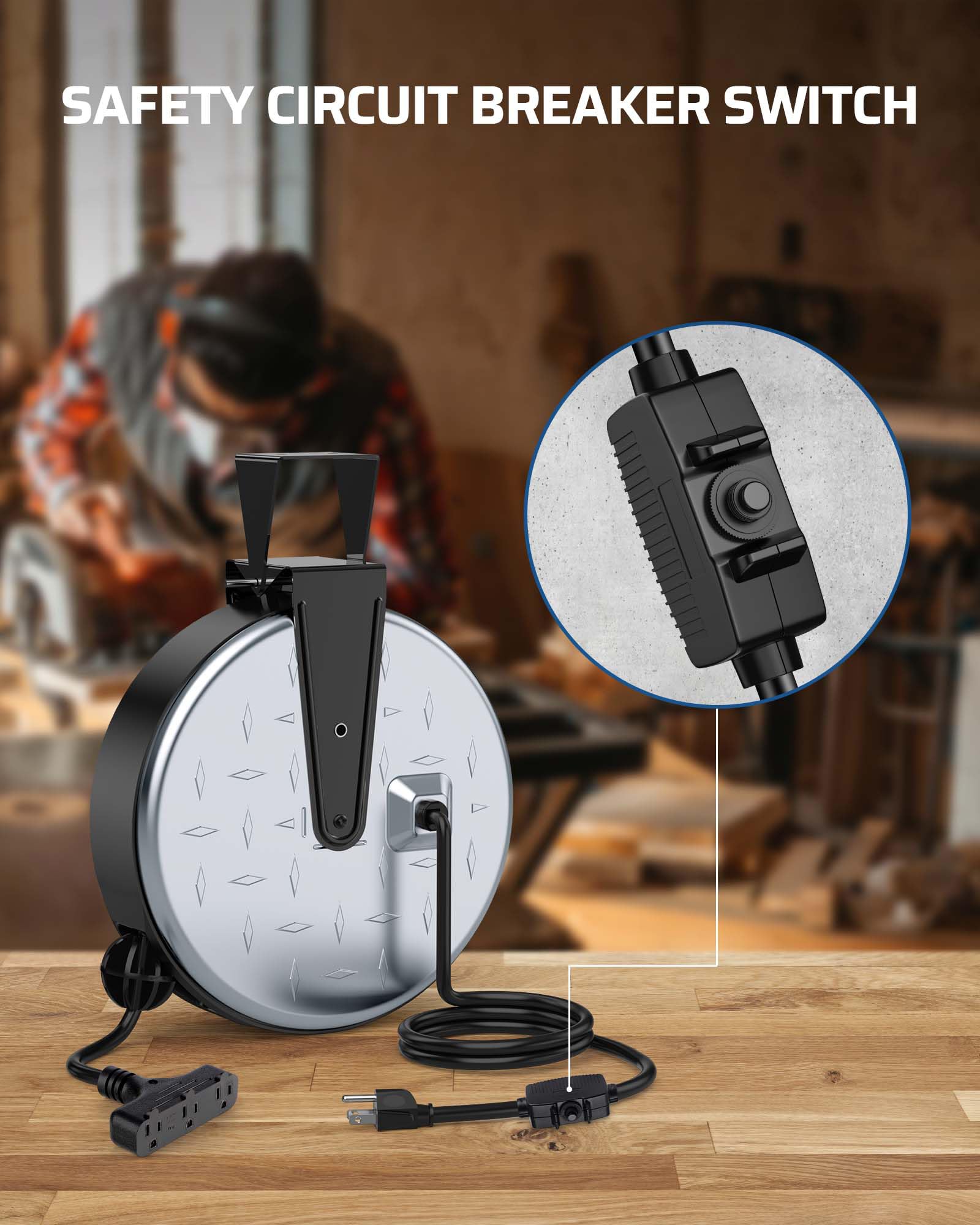 Dewenwils Metal Extension Cord Reel,30Ft Retractable Extension Cord, 16Awg/3C Sjtw Power Cord, 3 Electrical Outlets, 10A Circuit