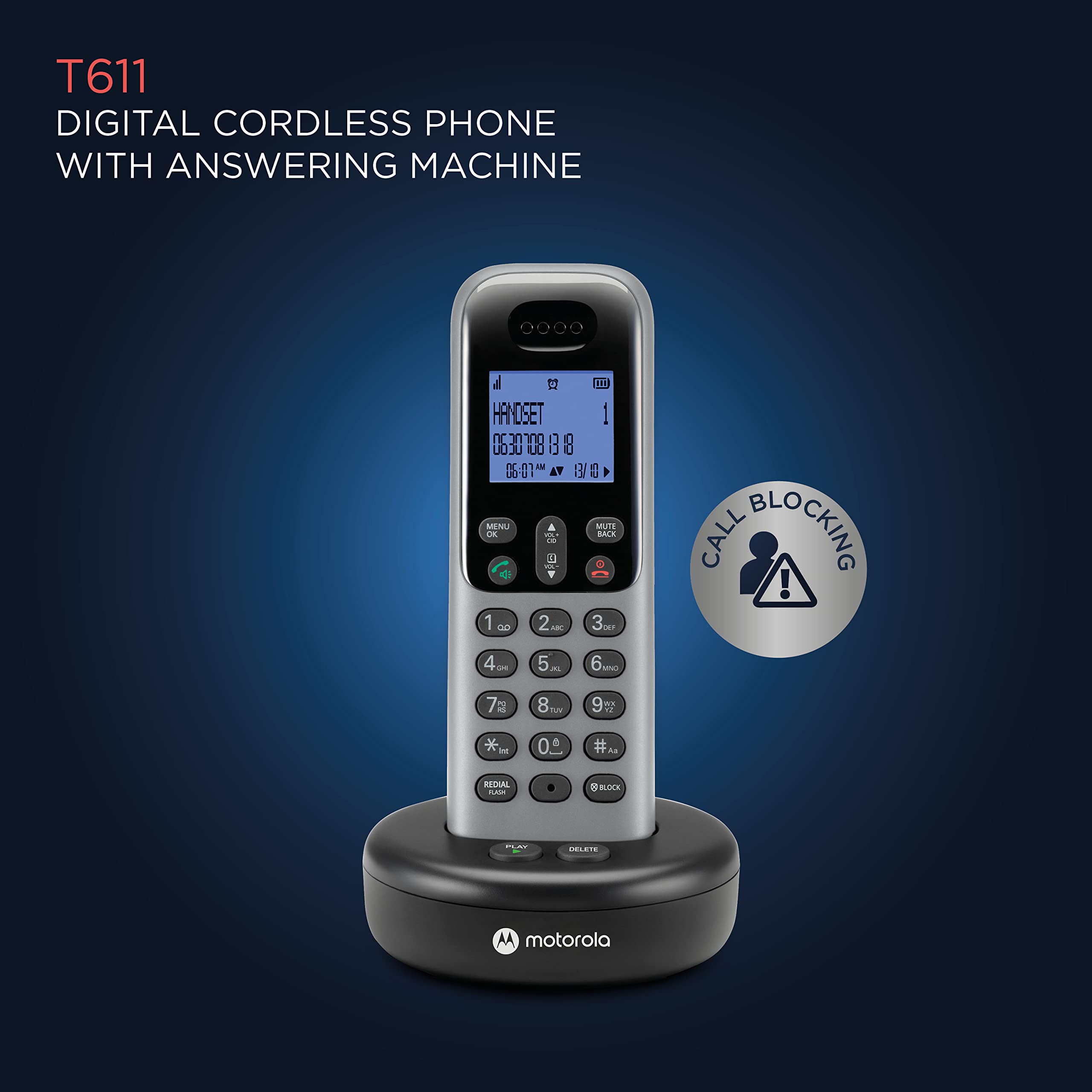 Motorola Voice Cordless Phone System W/Digital Handset + Answering Machine, Remote Access, Call Block   Dark Grey (T611)