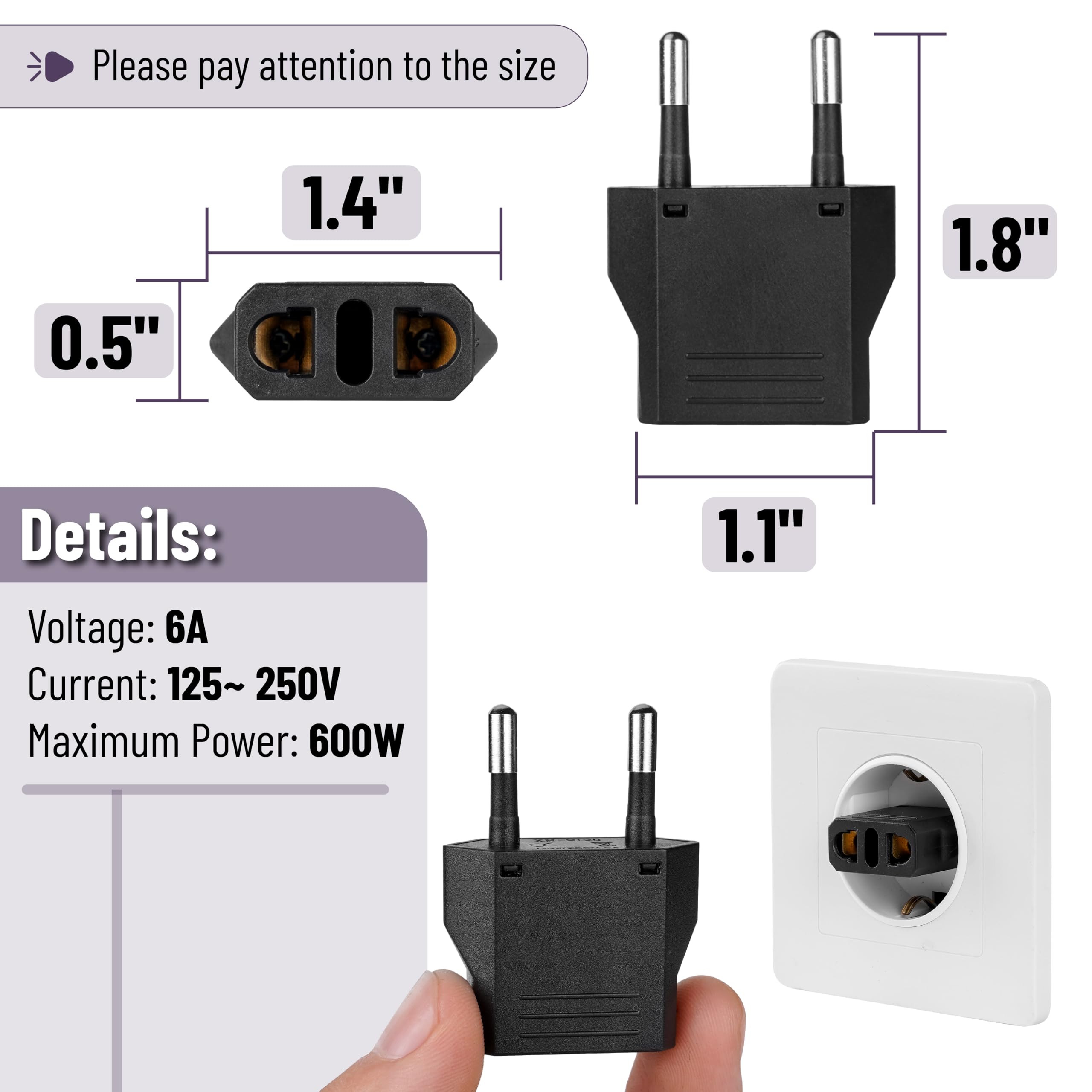 Bates  European Travel Plug Adapter, 6 Pack, Black European Plug Adapter, Us To Europe Plug Adapter, Adapter For Europe Plug, Us