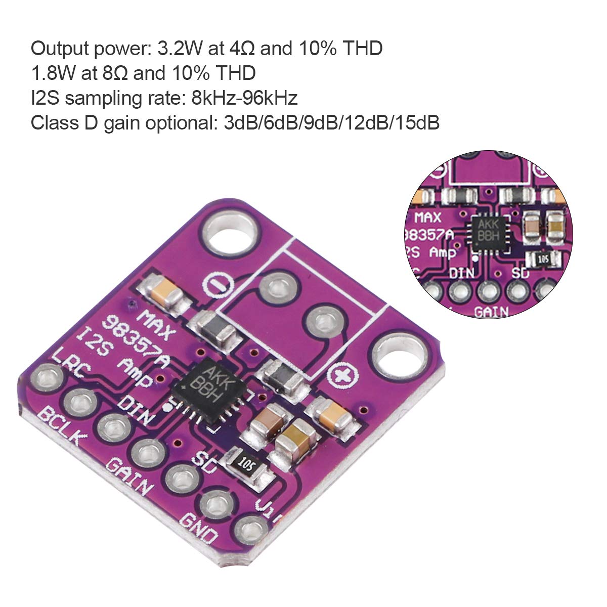 Makerhawk Max98357 I2S Audio Amplifier Module,Audio Amplifiers Filterless Class D Amplifier,Supports Esp32 Raspberry Pi
