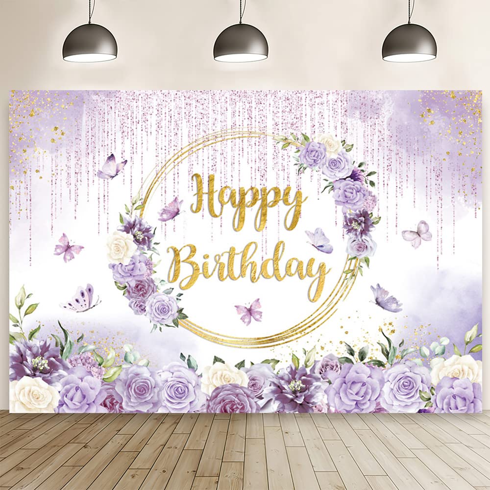 Mehofond 7X5Ft Spring Purple Floral Happy Birthday Backdrop Girl Violet Dripping Glitter Bday Photography Background Princess Bd