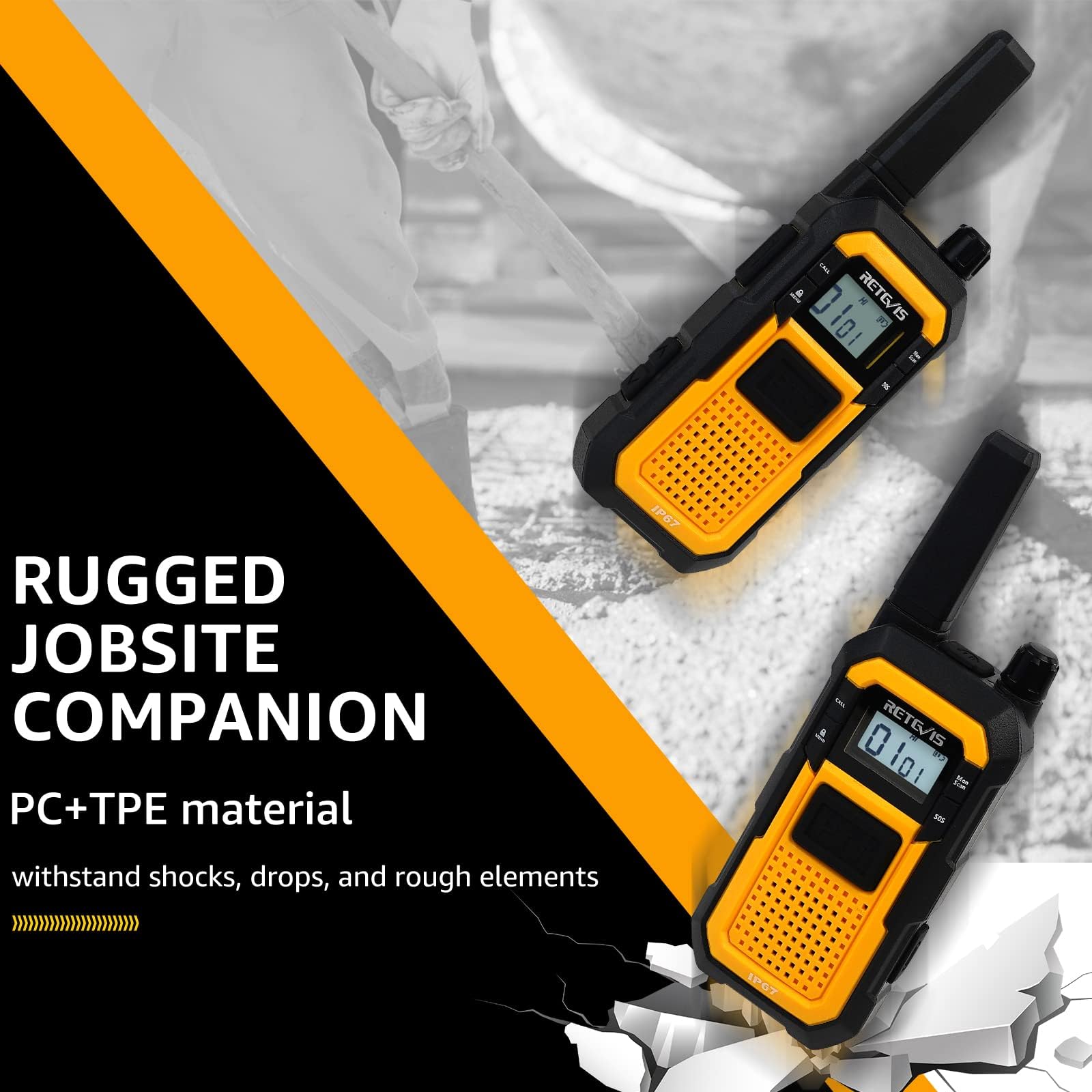 Retevis Rb48 Heavy Duty Walkie Talkies, Waterproof Two Way Radio, Advanced Triple Proof, 2000 Mah, Emergency, 2 Way Radio Long Range For Job Site (4 Pack) Yellow