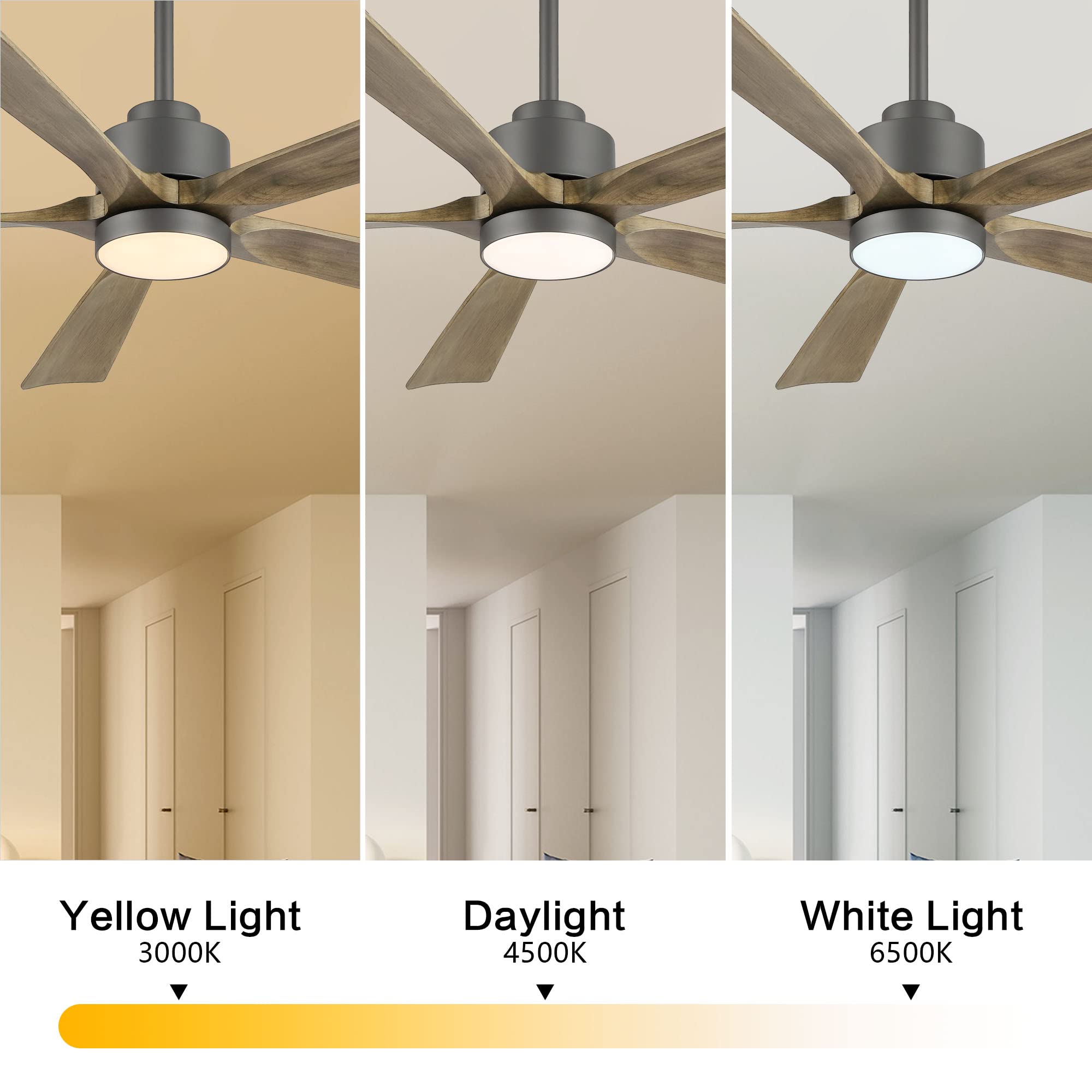 Elehinser 60'' Modern Ceiling Fan With Light And Remote Control, 5 Solid Wood Blades 6 Speed Noiseless Reversible Dc Motor, Ceil