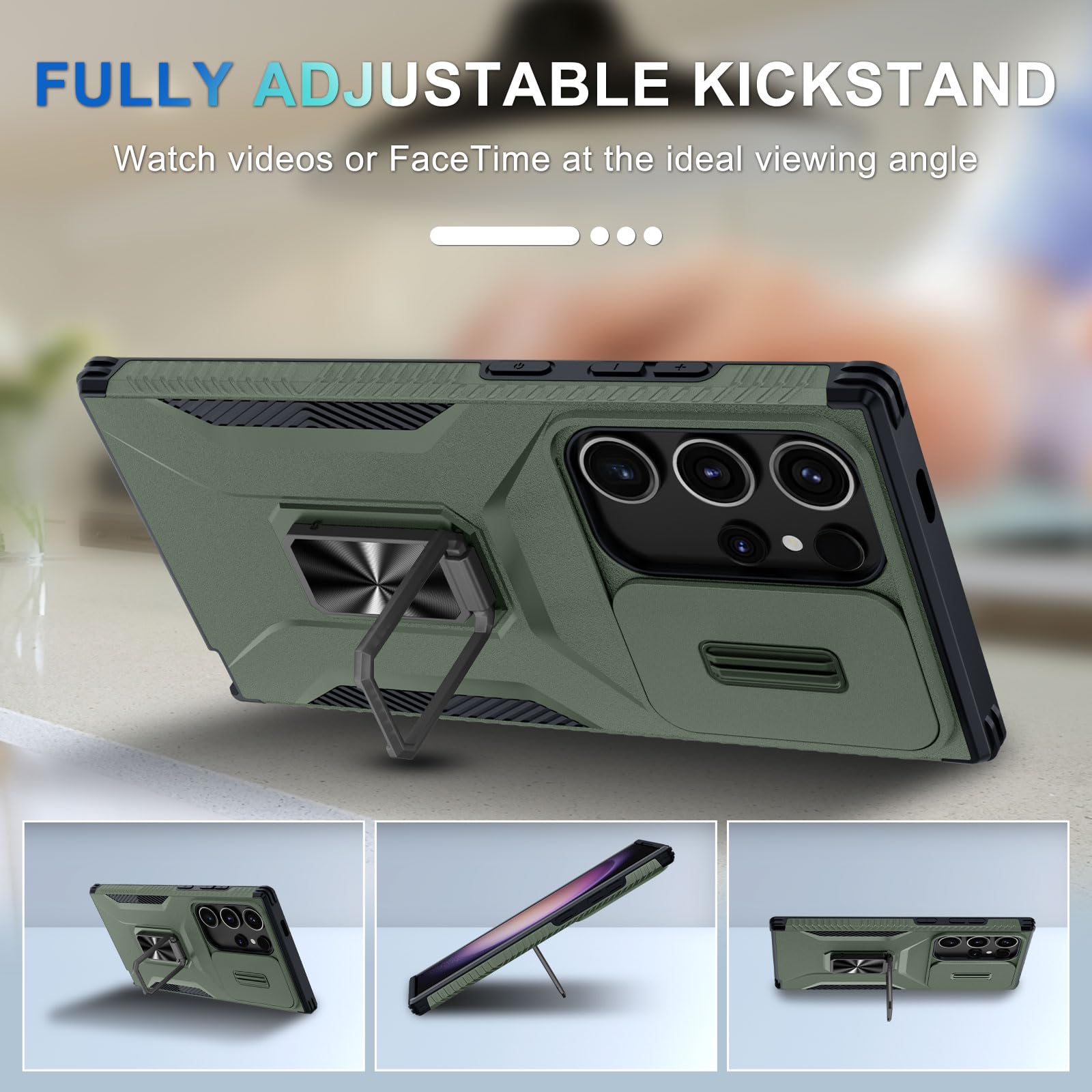 Casejeen For Samsung Galaxy S24 Ultra Case With Tempered Glass Screen Protector And Camera Lens Cover,Rotated Ring Stable Kickst