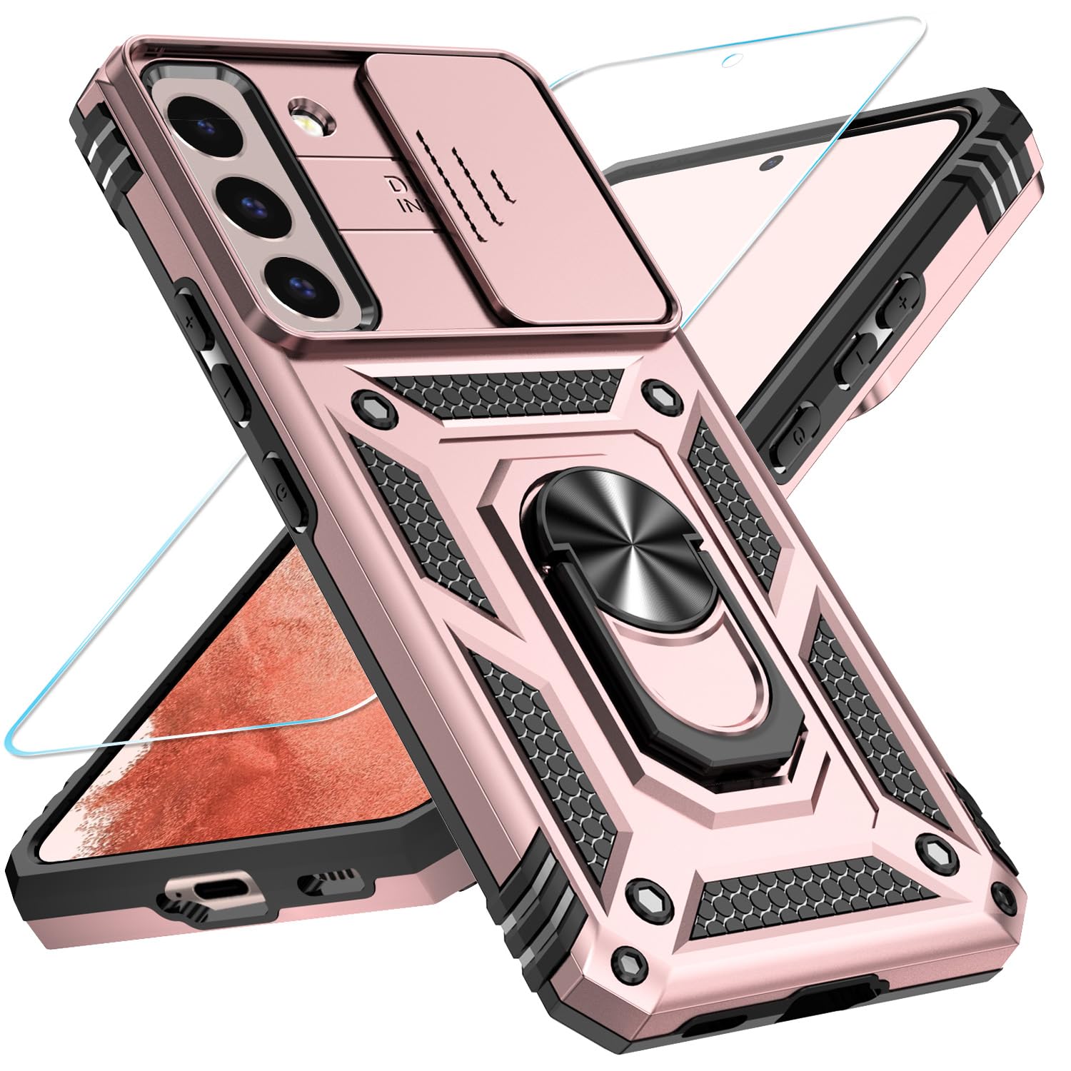 Sunstory For Samsung Galaxy S22 Plus 5G Case With Hd Screen Protector & Slide Camera Cover & Rotated Ring Kickstand, [Military G