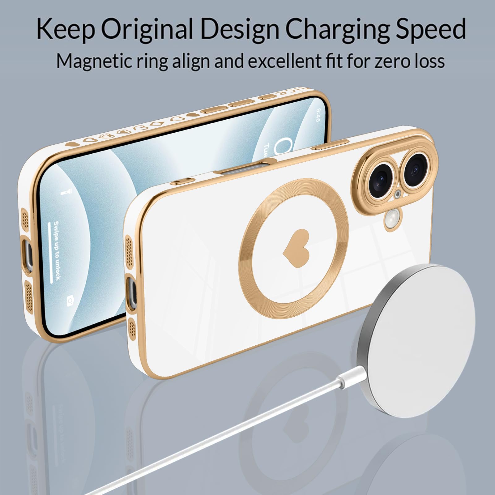 Tharlet Magnetic For Iphone 16 Case [Compatible With Magsafe] Cute Love Luxury Plating Edge Bumper Case With Full Camera Lens Ca