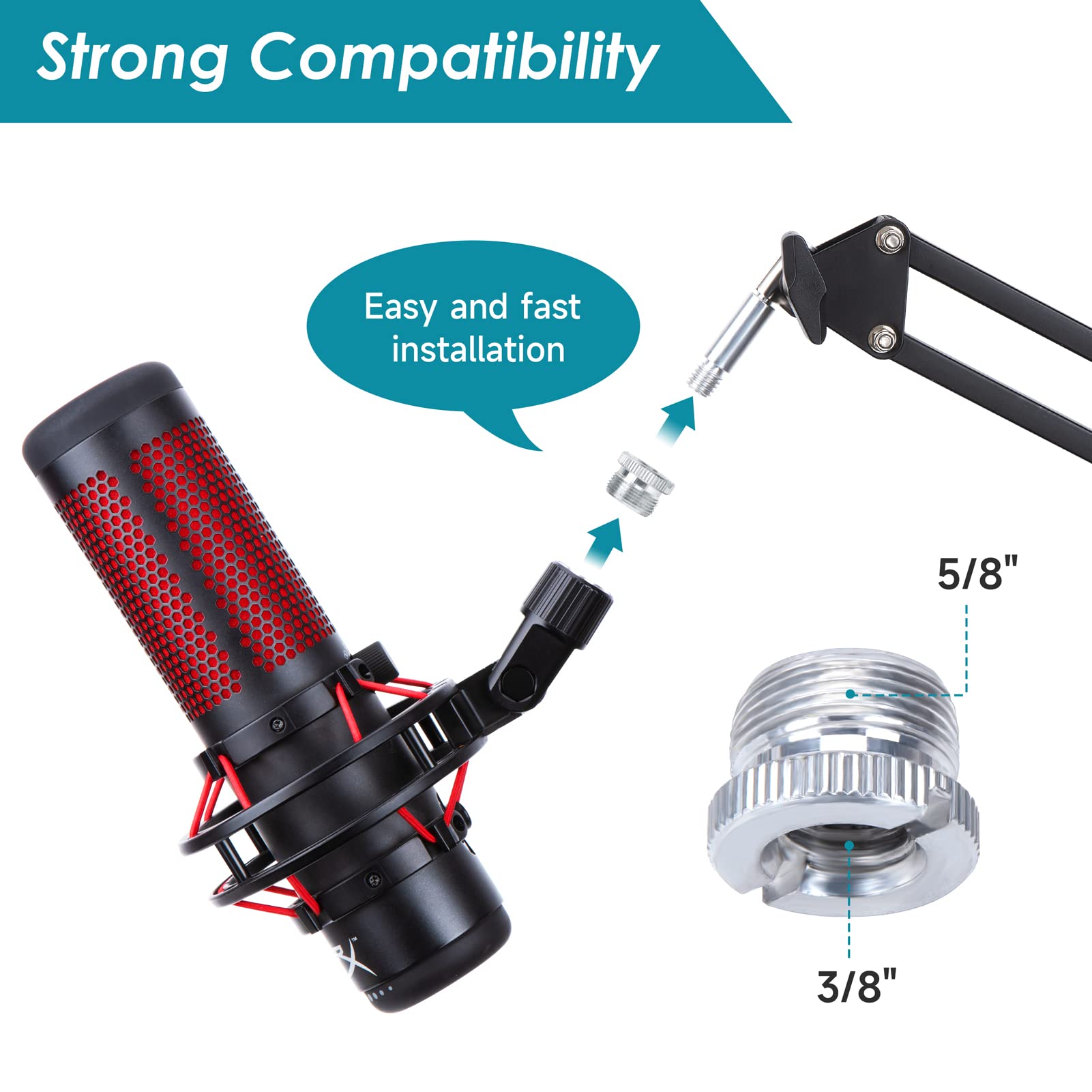 YOUSHARES Wall Mount QuadCast Boom Arm Stand with Mic Windscreen and Table Mount Clamp, Mic Stands and Holders Compatible with HyperX QuadCast S Microphone