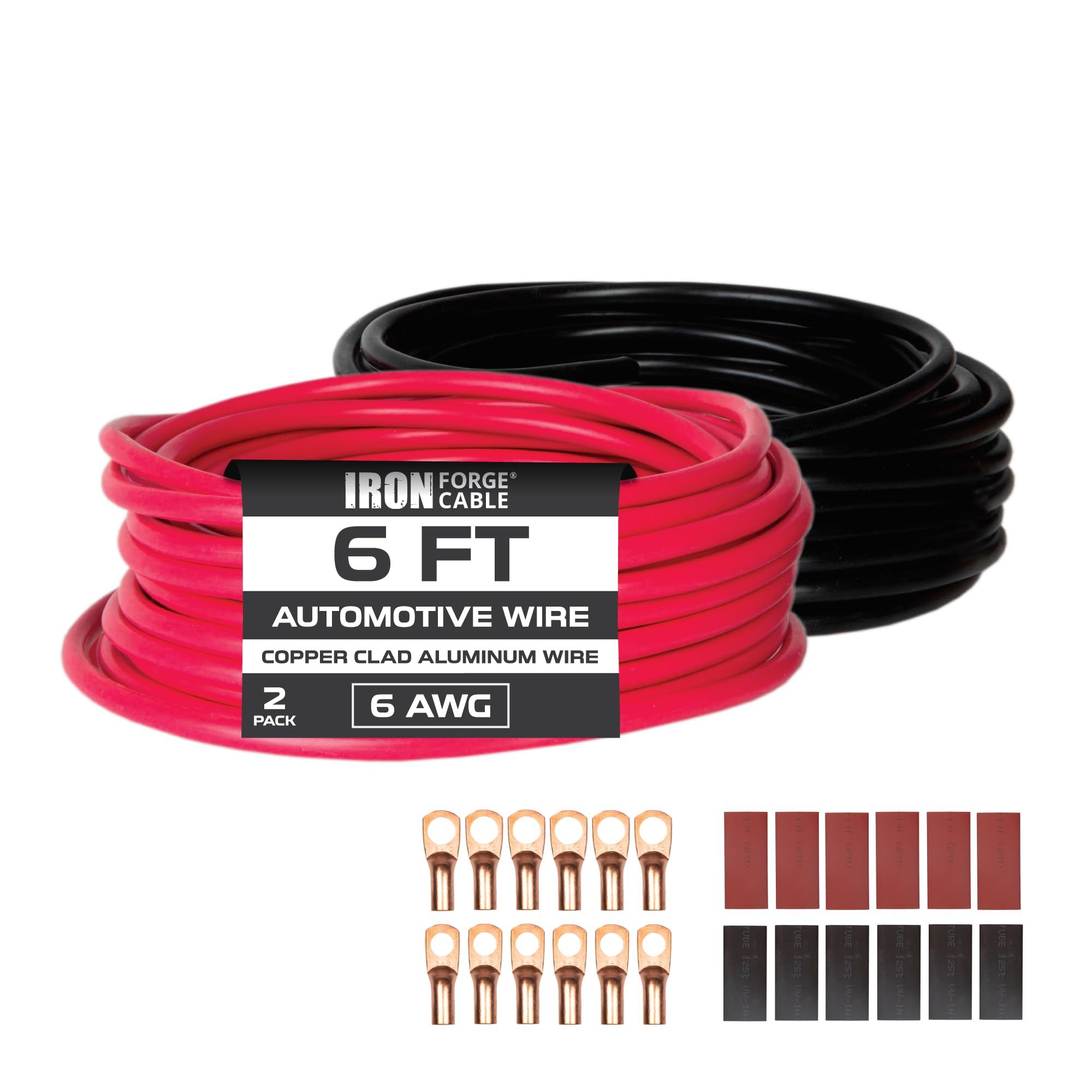 Iron Forge Cable 6 Gauge Wire 2 Pack Red & Black  6 Ft Copper Clad Aluminum Wire For Automotive Battery Cable, Subwoofer Wiring